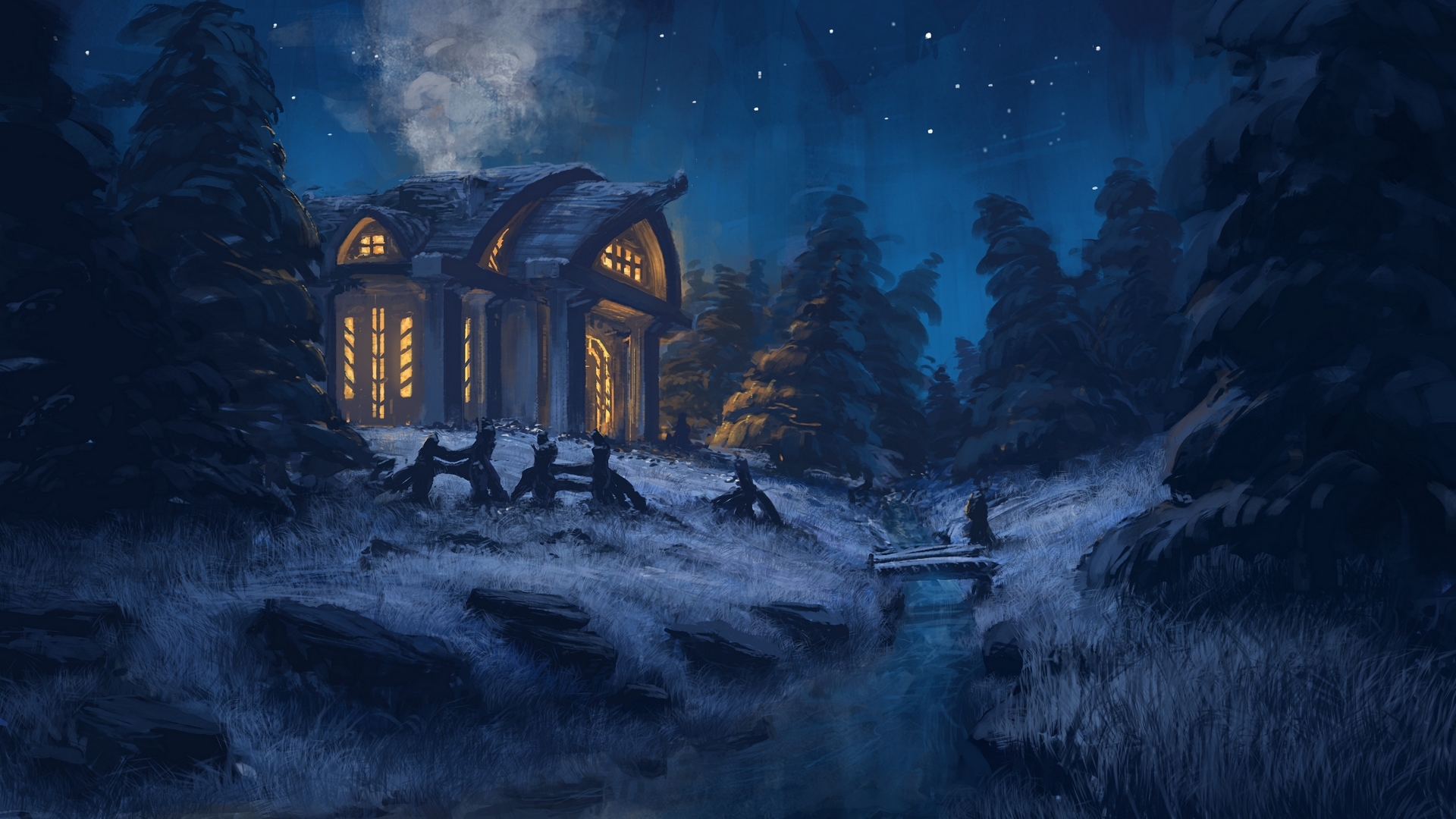 bluw, snow, tom prante, white, winter, house, luminos, moon, fantasy, night, HD Wallpaper