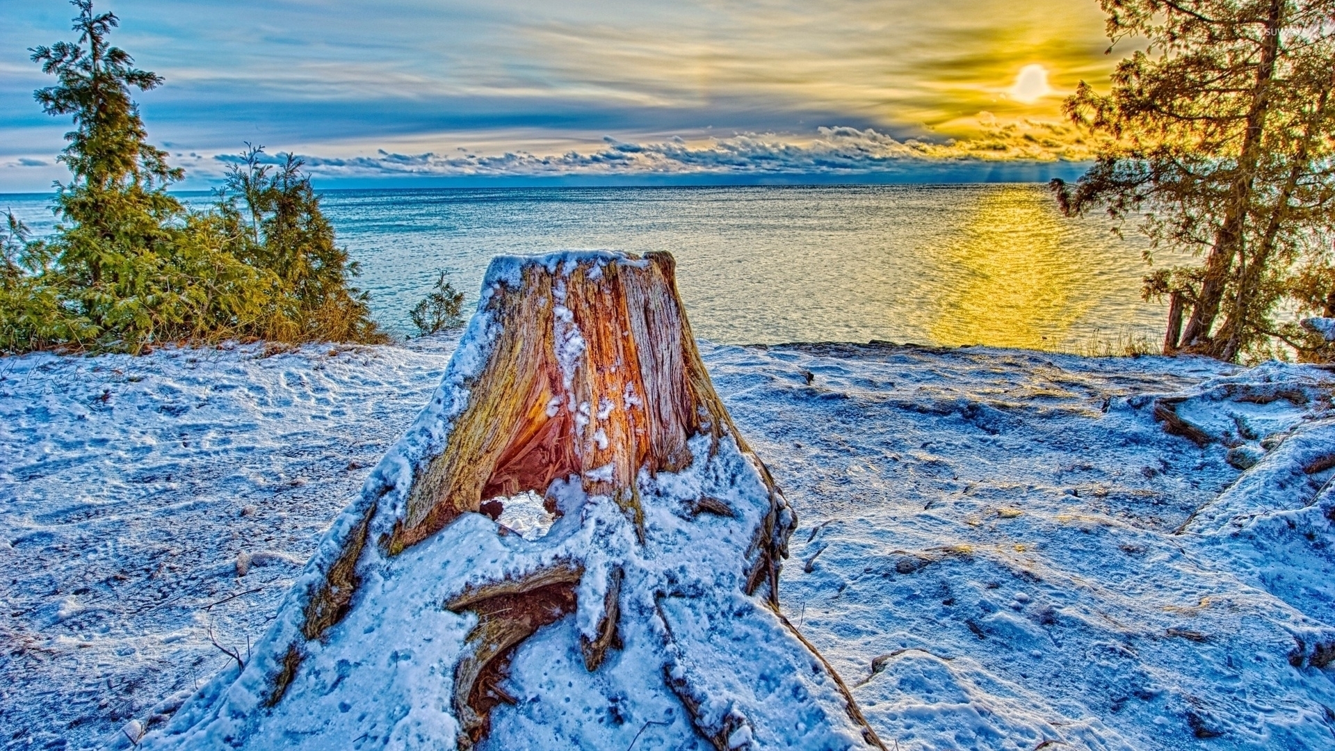 snow, ocean, nature, sunset, reflection, winter, HD Wallpaper