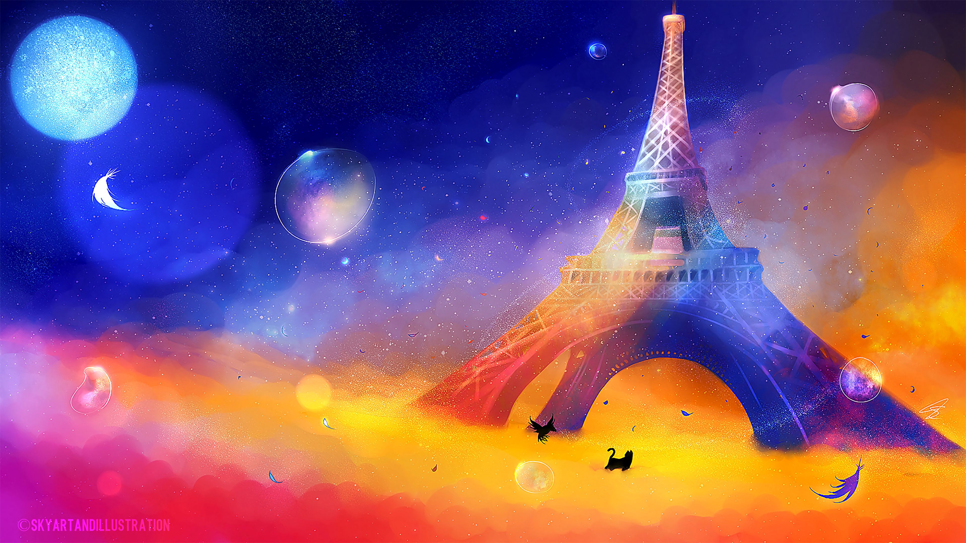 eiffel tower, art, cat, bird, colorful, 4k, HD Wallpaper