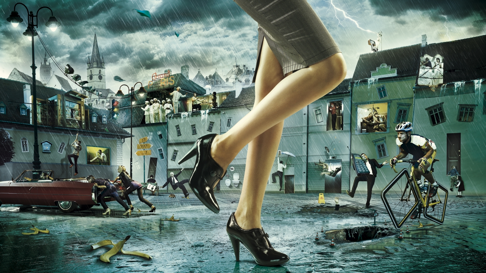 giant, legs, creative, woman, situation, fantasy, funny, stilettos, white, street, blue, HD Wallpaper