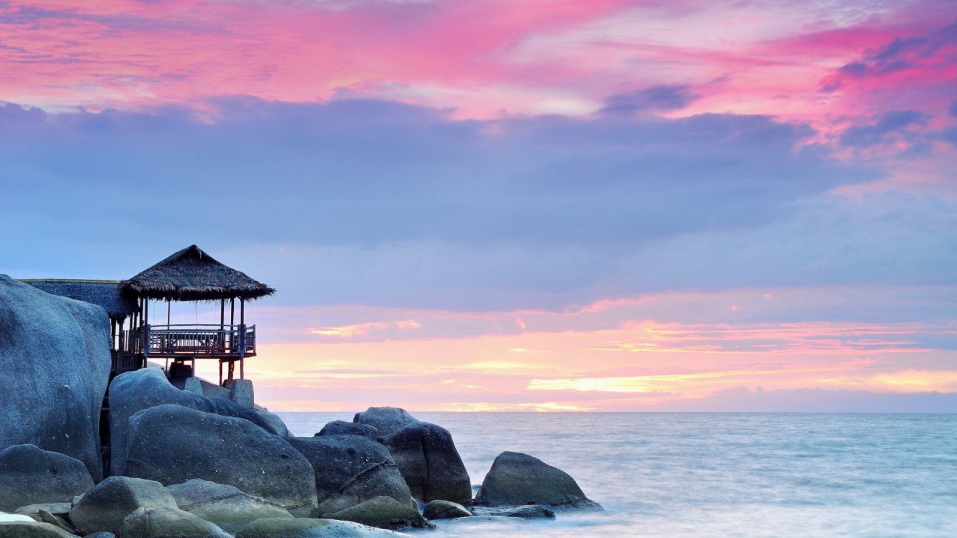 rocks, shore, roof, sunset, pink, terrace, sea, HD Wallpaper