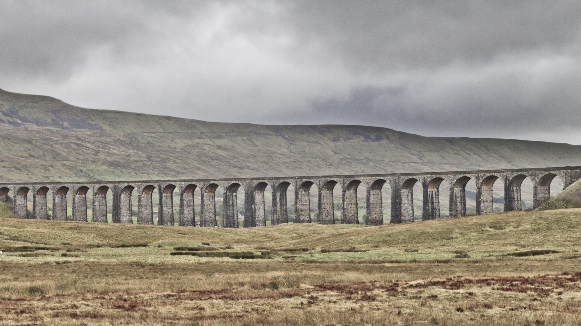 mountain, gray, bridge, old, meadow, HD Wallpaper