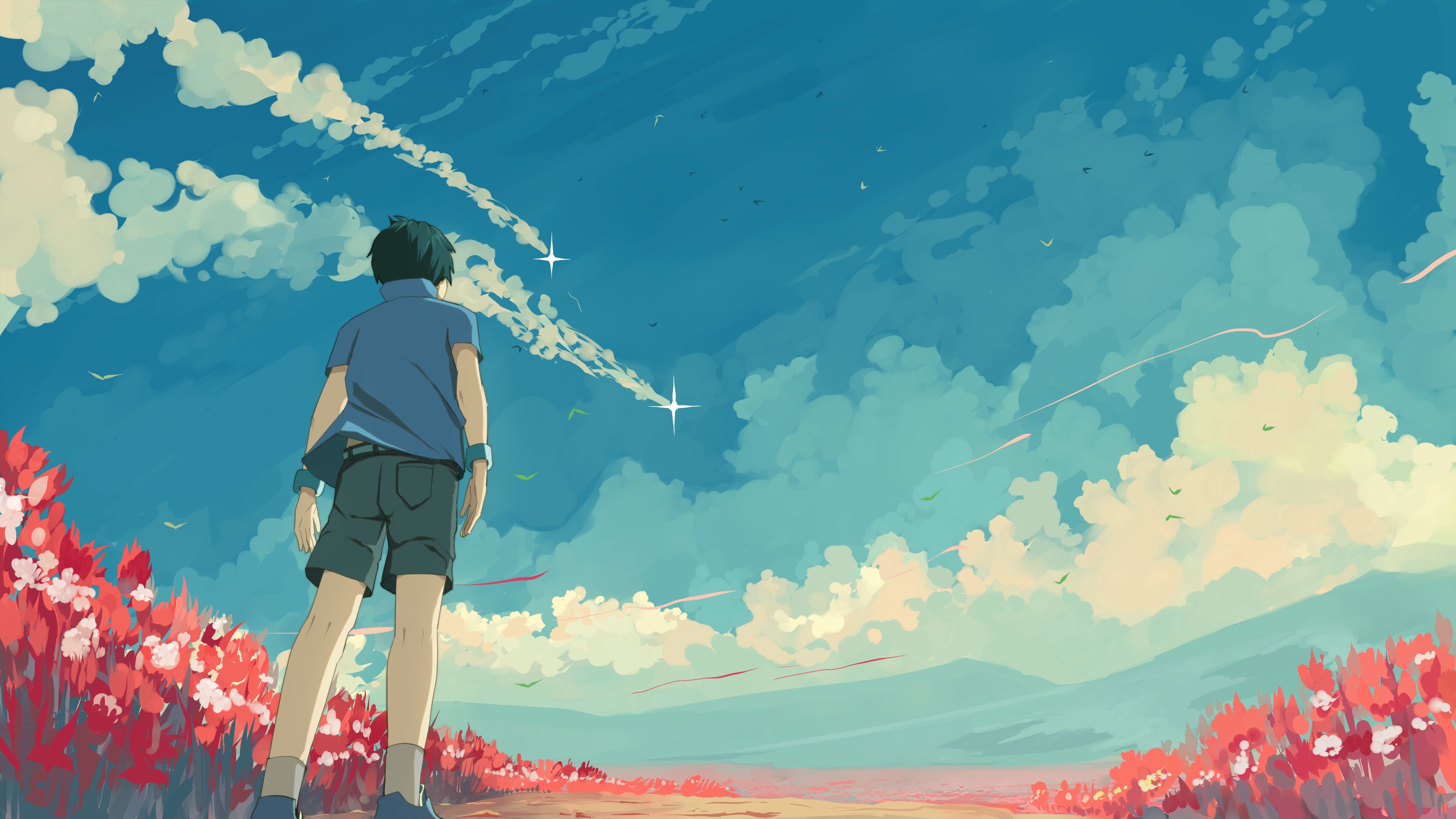 guy, sky, stars, art, 4k, HD Wallpaper