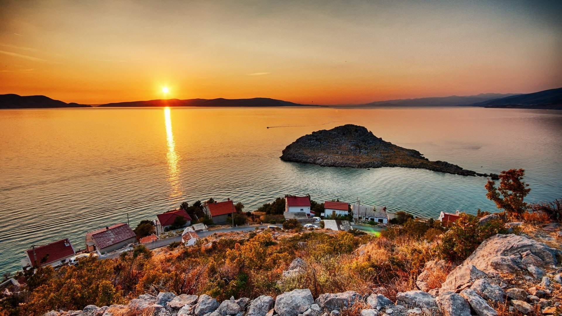 village, nature, sunset, reflection, lake, HD Wallpaper