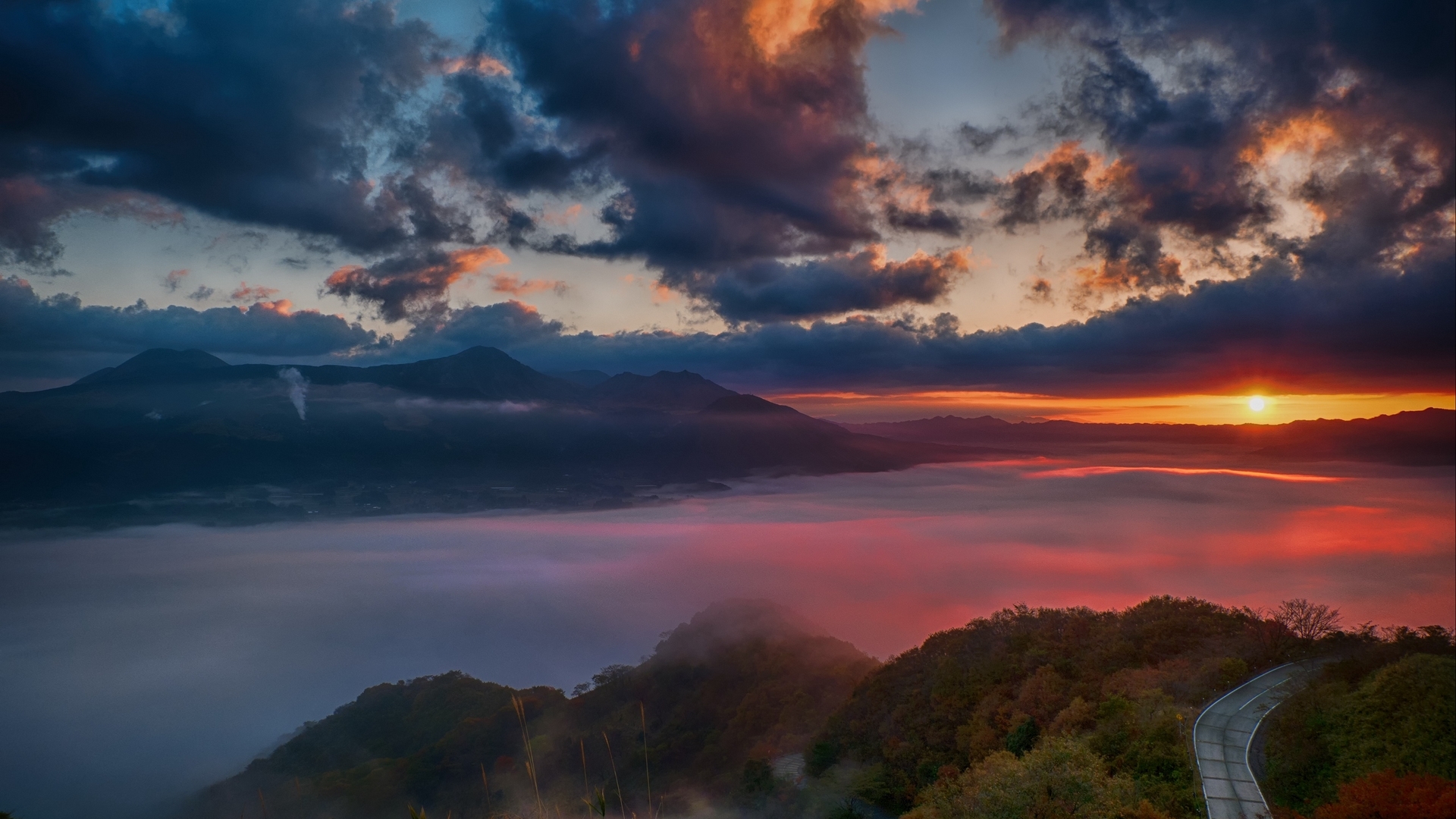 dawn, sun, mountains, ocean, sunrise, road, clouds, sky, trees, HD Wallpaper