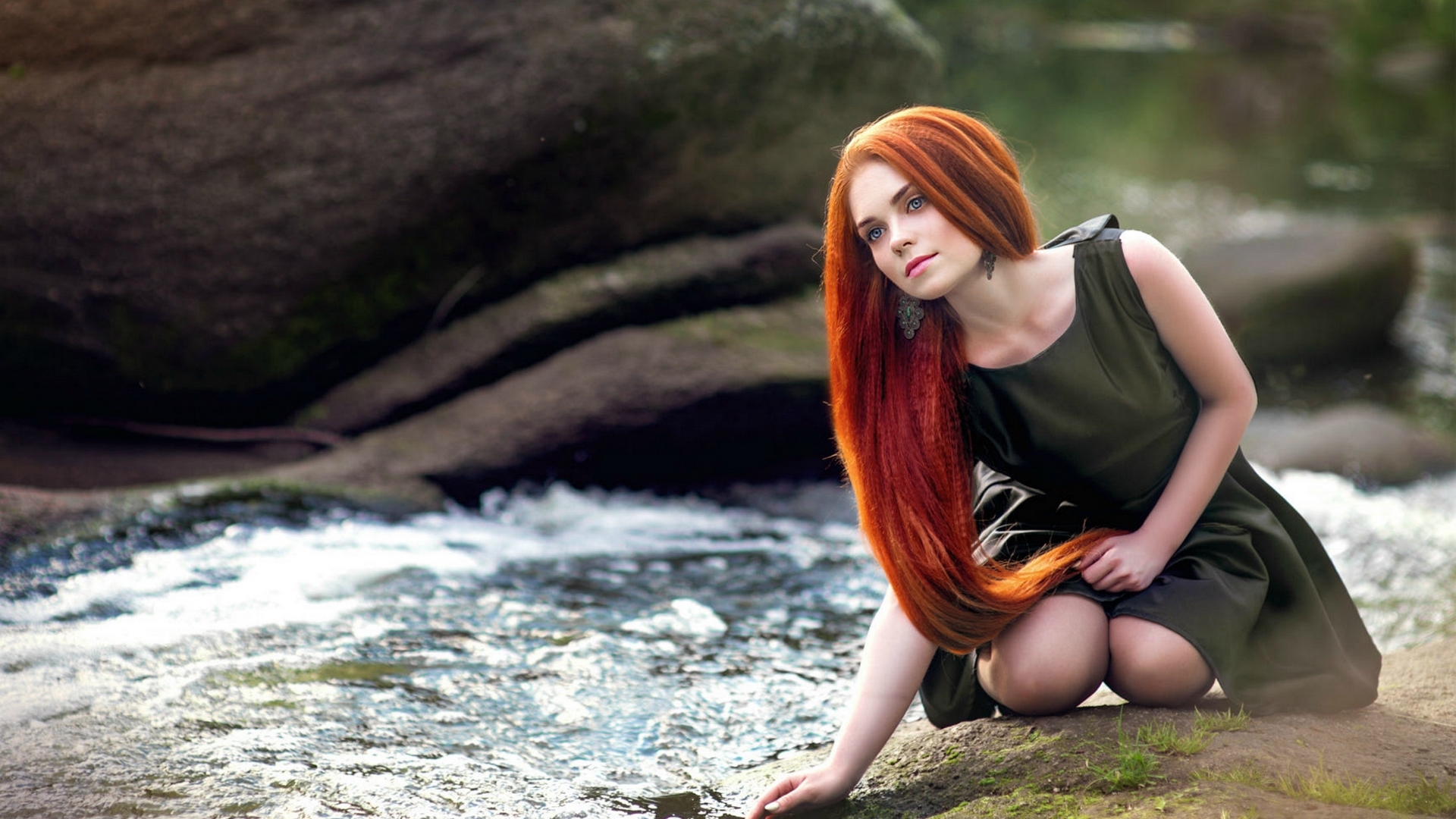 river, dress, model, redhead, HD Wallpaper