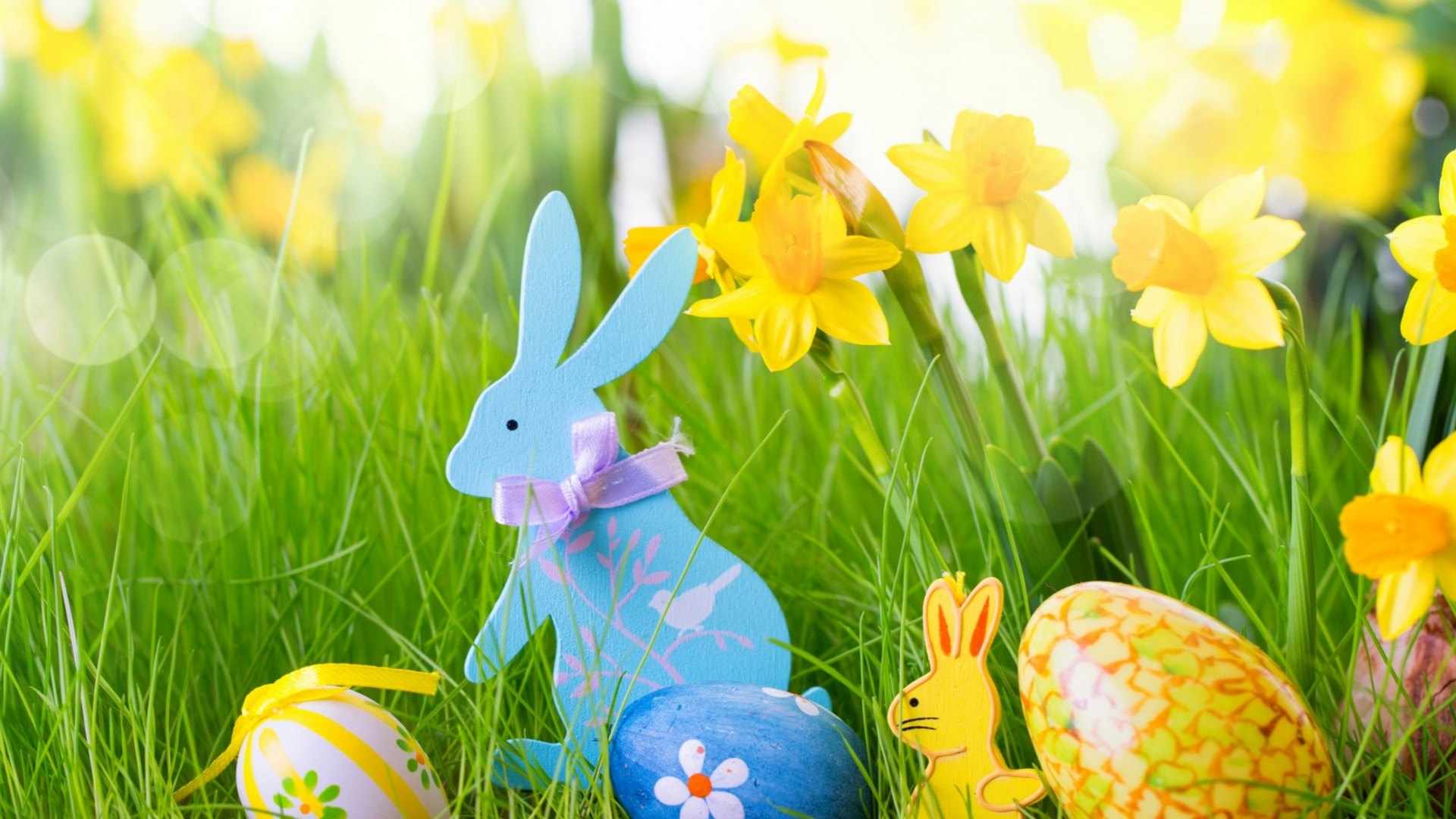 bokeh, yellow flowers, flowers, happy easter, easter, HD Wallpaper