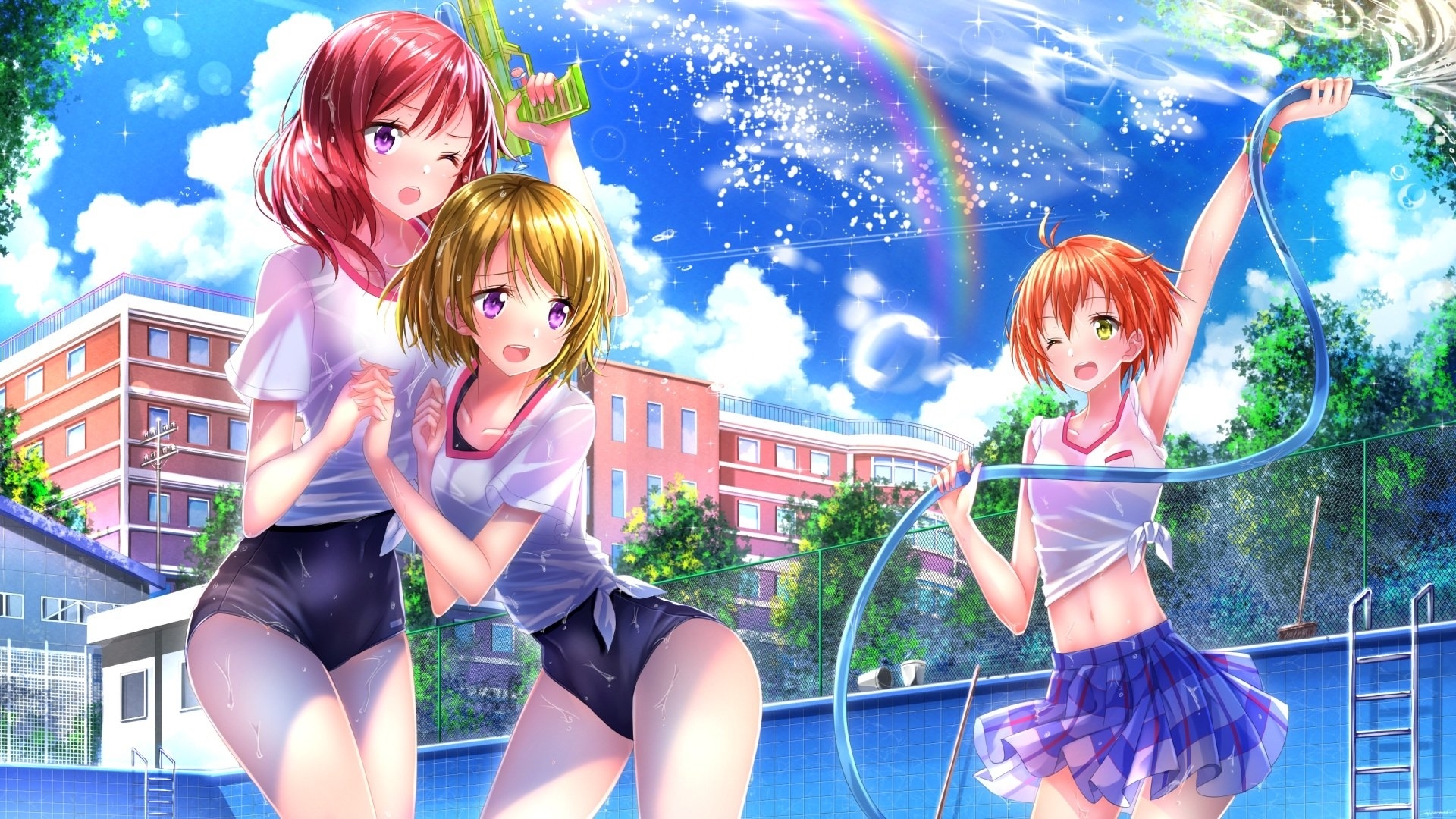 swimsuits, anime, water gun, hanayo koizumi, female, maki nishikino, girls, pool, anime girls, water, kawaii, love live school idol project, love live, rin hoshizora, HD Wallpaper