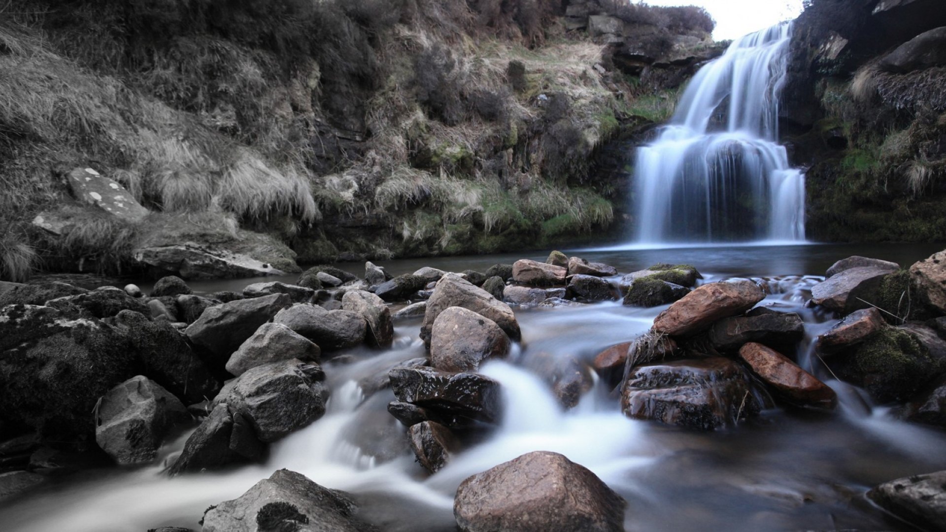 rocks, waterfall, river, cliff, HD Wallpaper