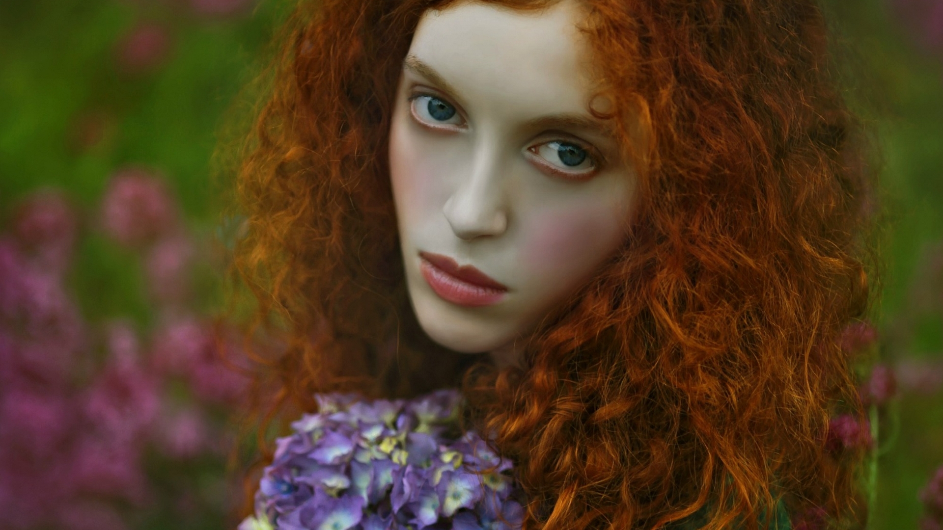 hydrangea, model, redhead, woman, tale, girl, purple, flower, agnieszka lorek, HD Wallpaper