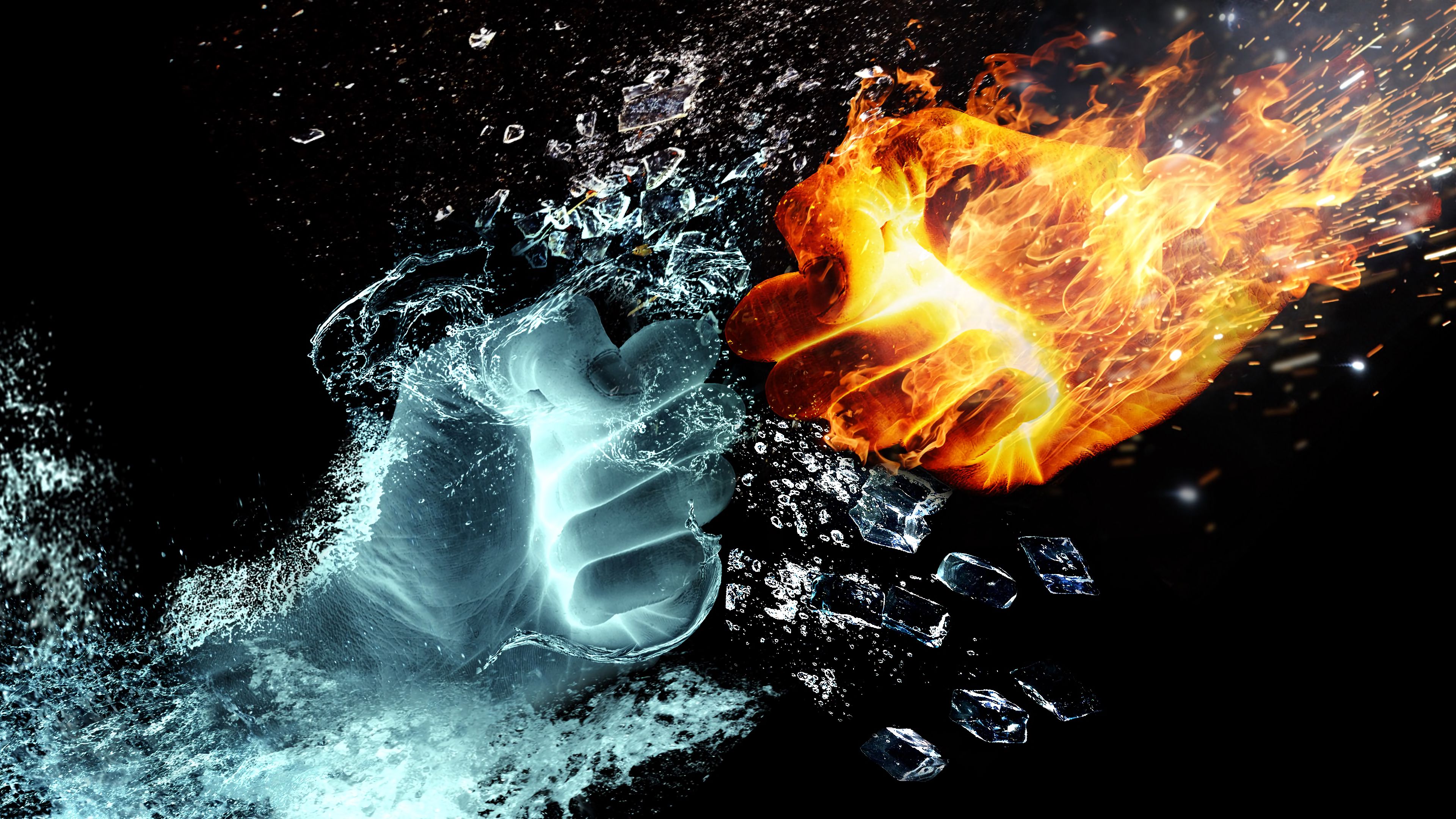 hands, fire, water, spray, splinters, 4k, HD Wallpaper