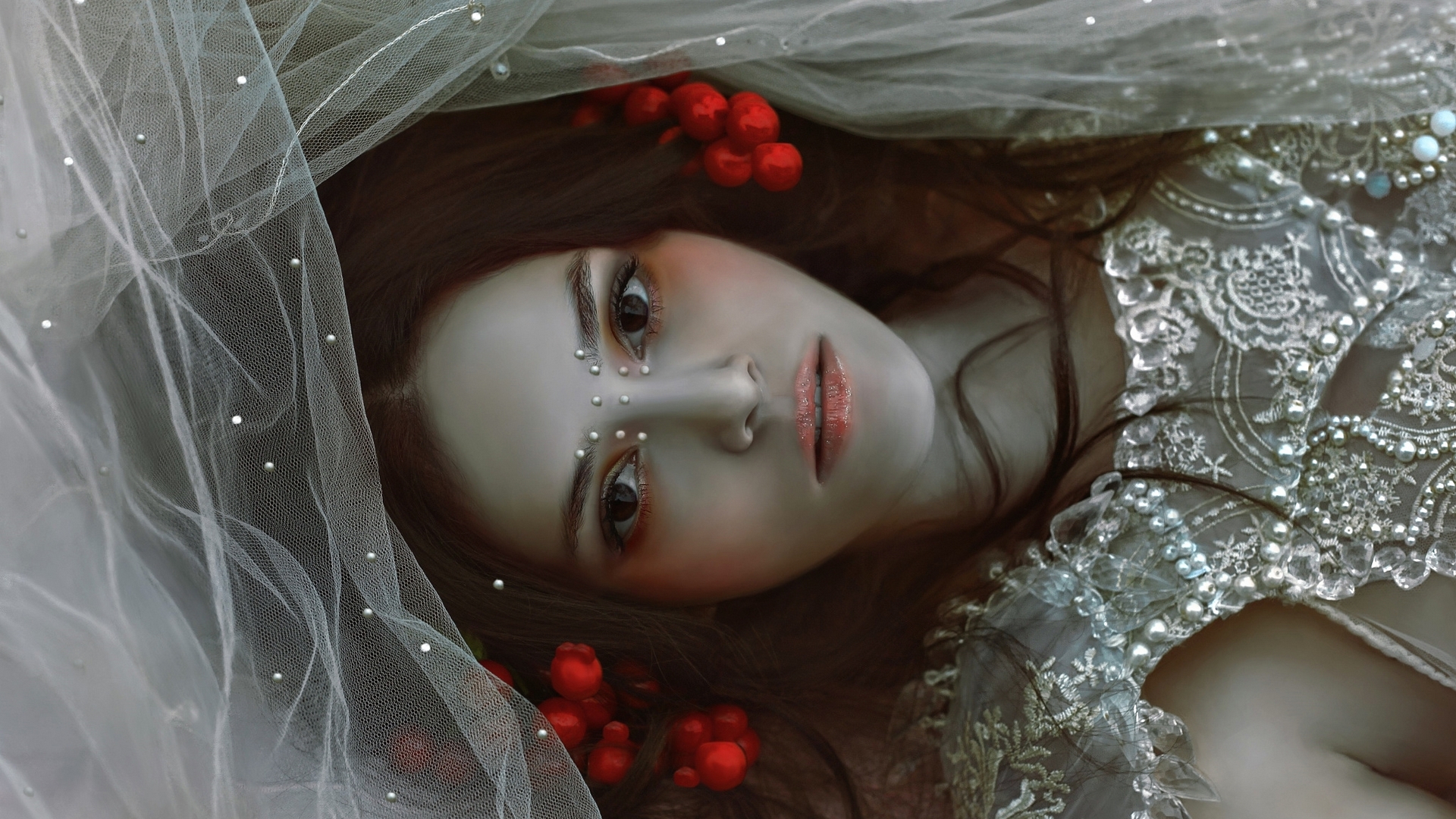 red, model, tail, veil, bride, woman, girl, flower, face, white, agnieszka lorek, HD Wallpaper