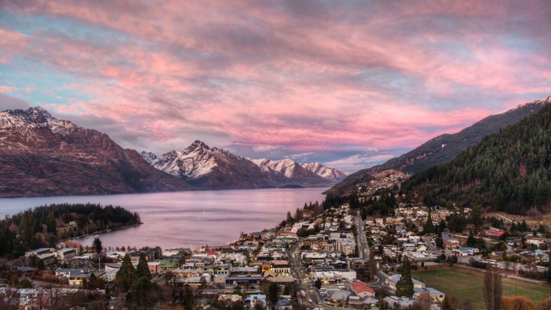 mountains, town, sunset, clouds, lake, HD Wallpaper