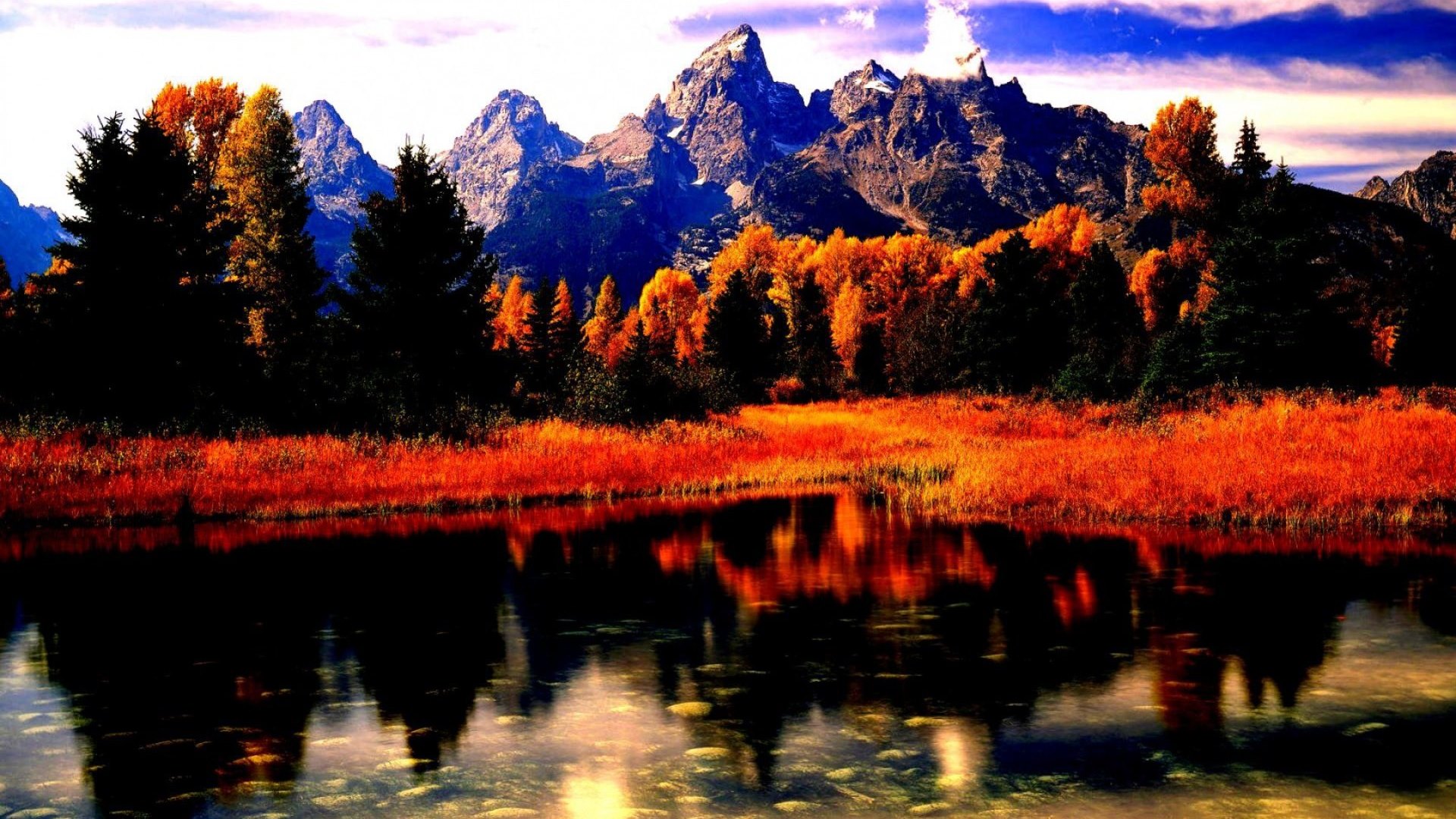 fall, water, mountains, colors, reflection, trees, HD Wallpaper