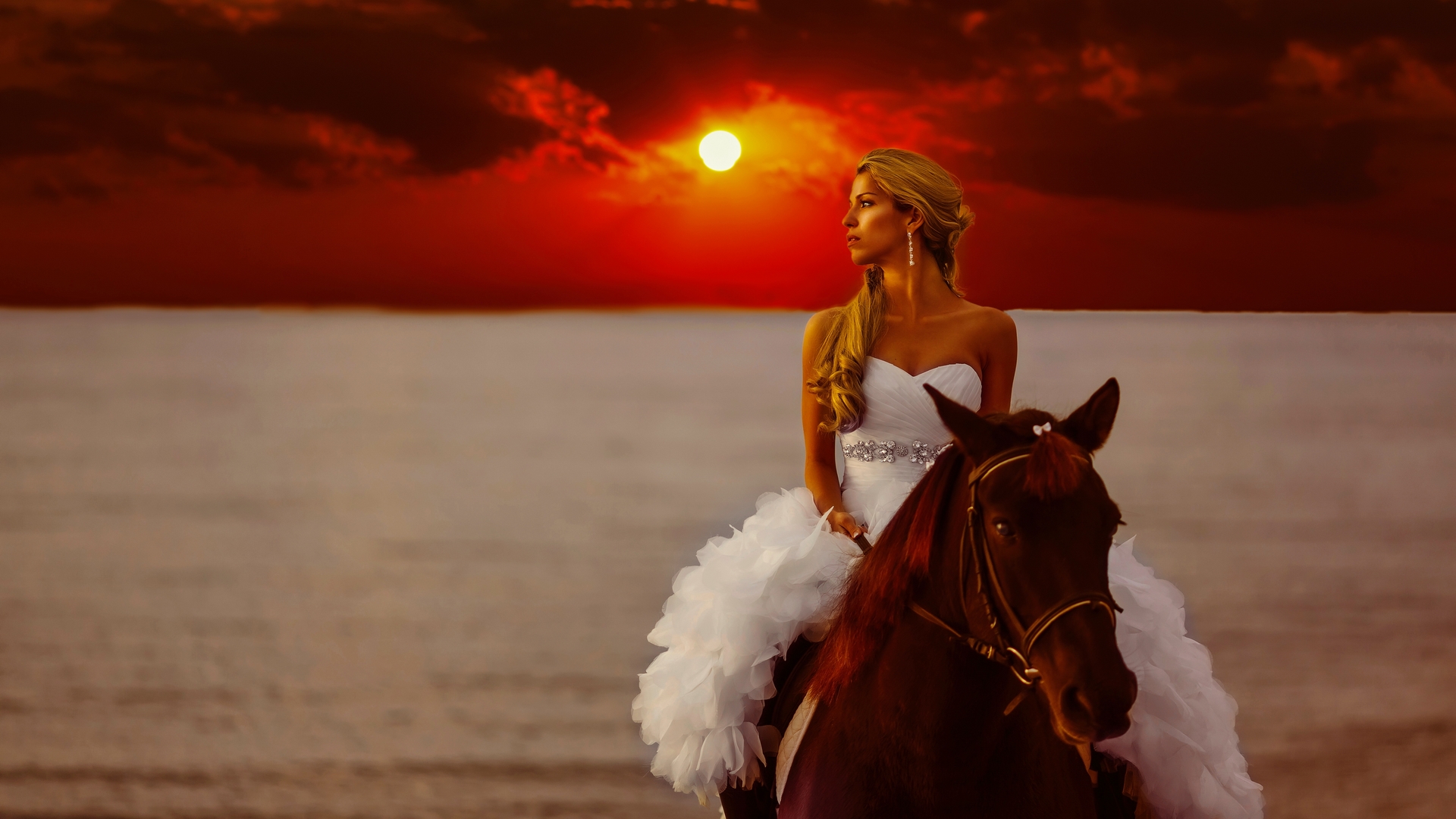 pretty, amazing, sun, lovely, fiery, bride, beautiful, sunset, horse, sky, wedding, woman, sea, girl, rider, lady, HD Wallpaper