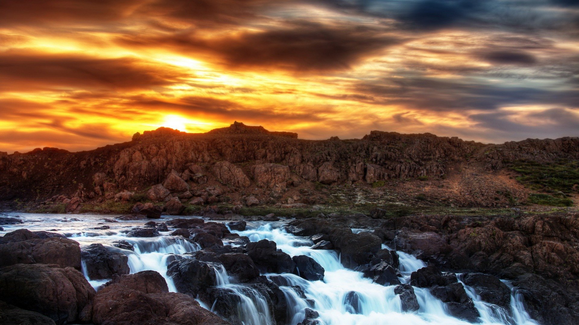 hills, rocks, rapids, river, sunset, HD Wallpaper