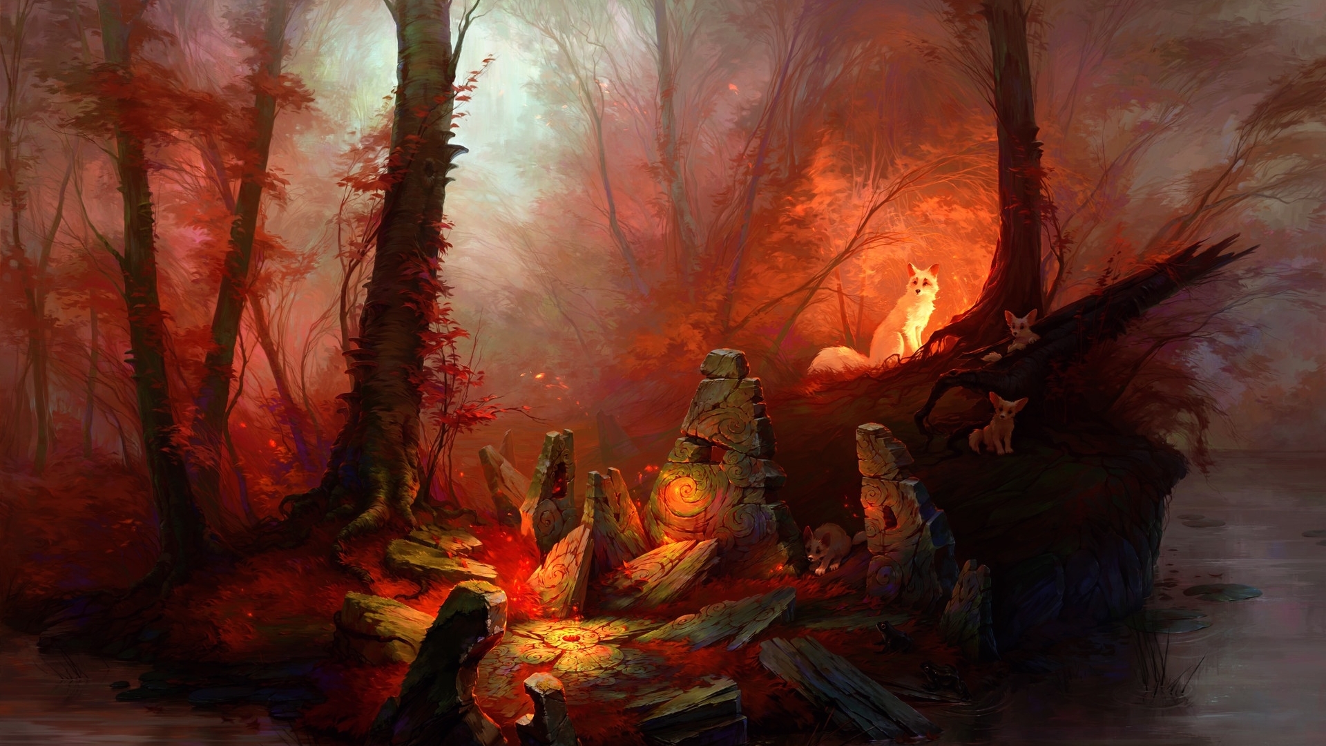 forest, art, luminos, orange, sacred place, animal, fantasy, fox, cub, HD Wallpaper