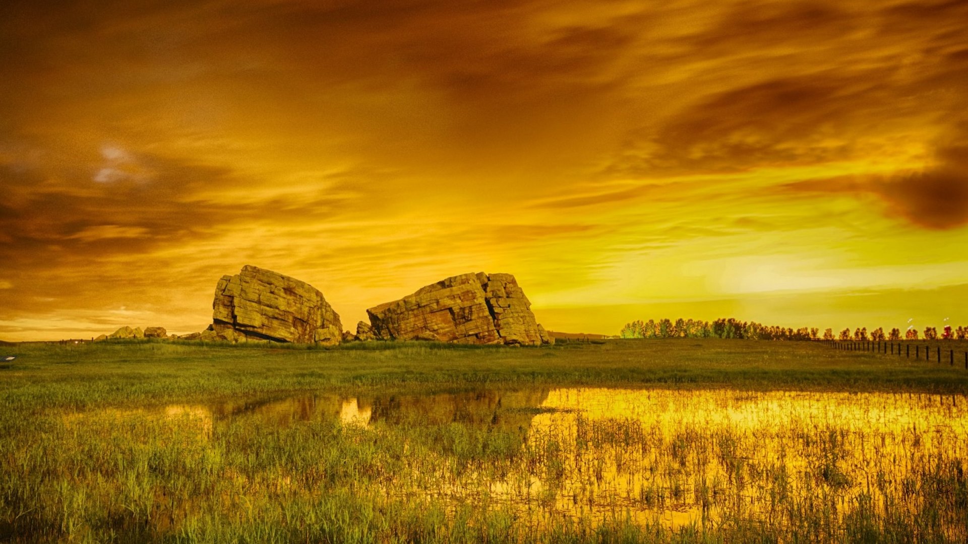 rocks, lake, sunset, landscape, HD Wallpaper