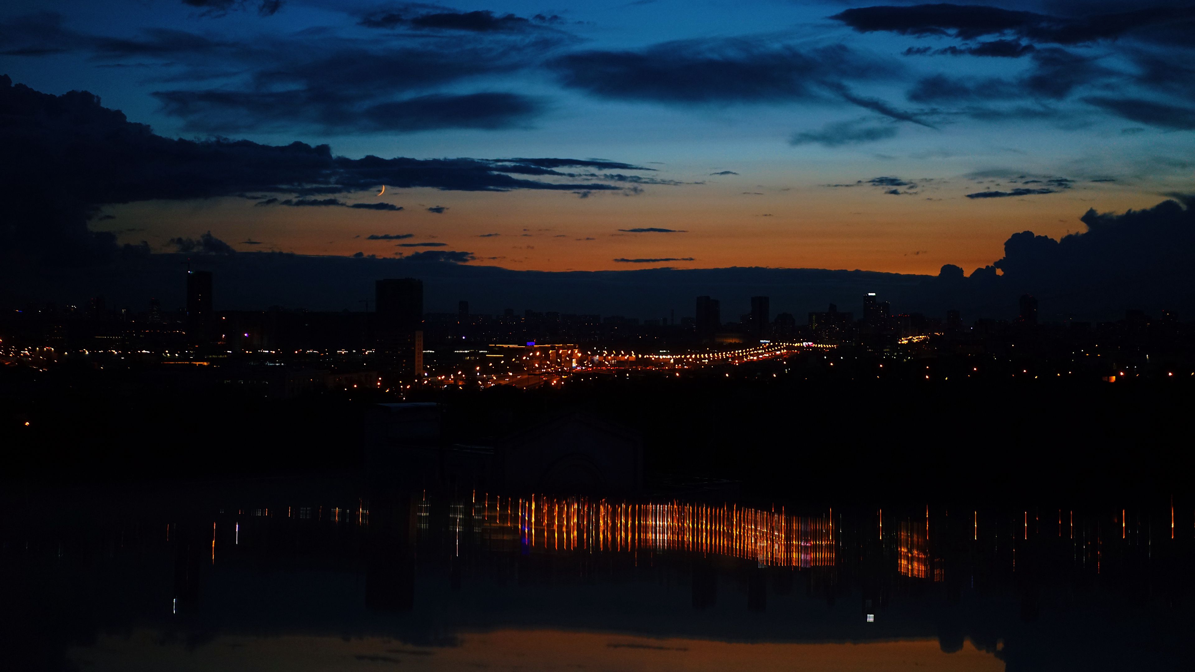 night city, city lights, reflection, horizon, night, 4k, HD Wallpaper