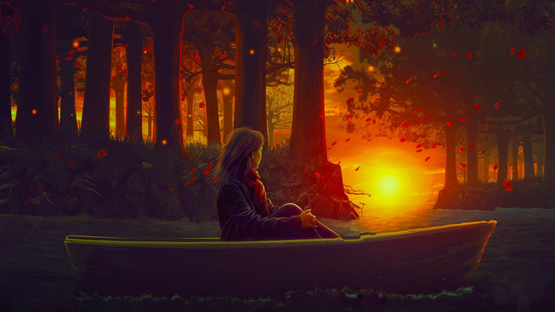 forest, art, fantasy, girl, digital, sunset, woman, HD Wallpaper
