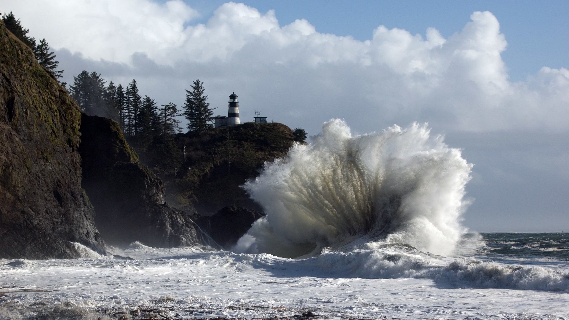 cape, sky, wave, ocean, water, trees, clouds, disappointment, huge, HD Wallpaper