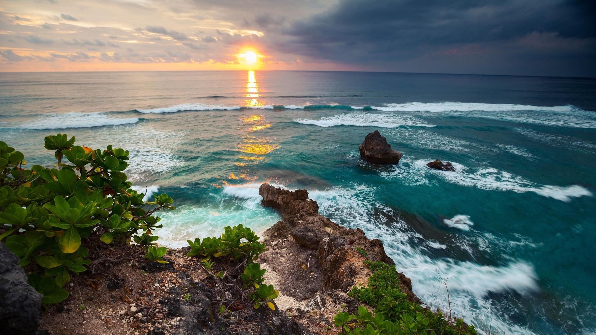stones, horizon, ocean, sunset, waves, sky, nature, HD Wallpaper