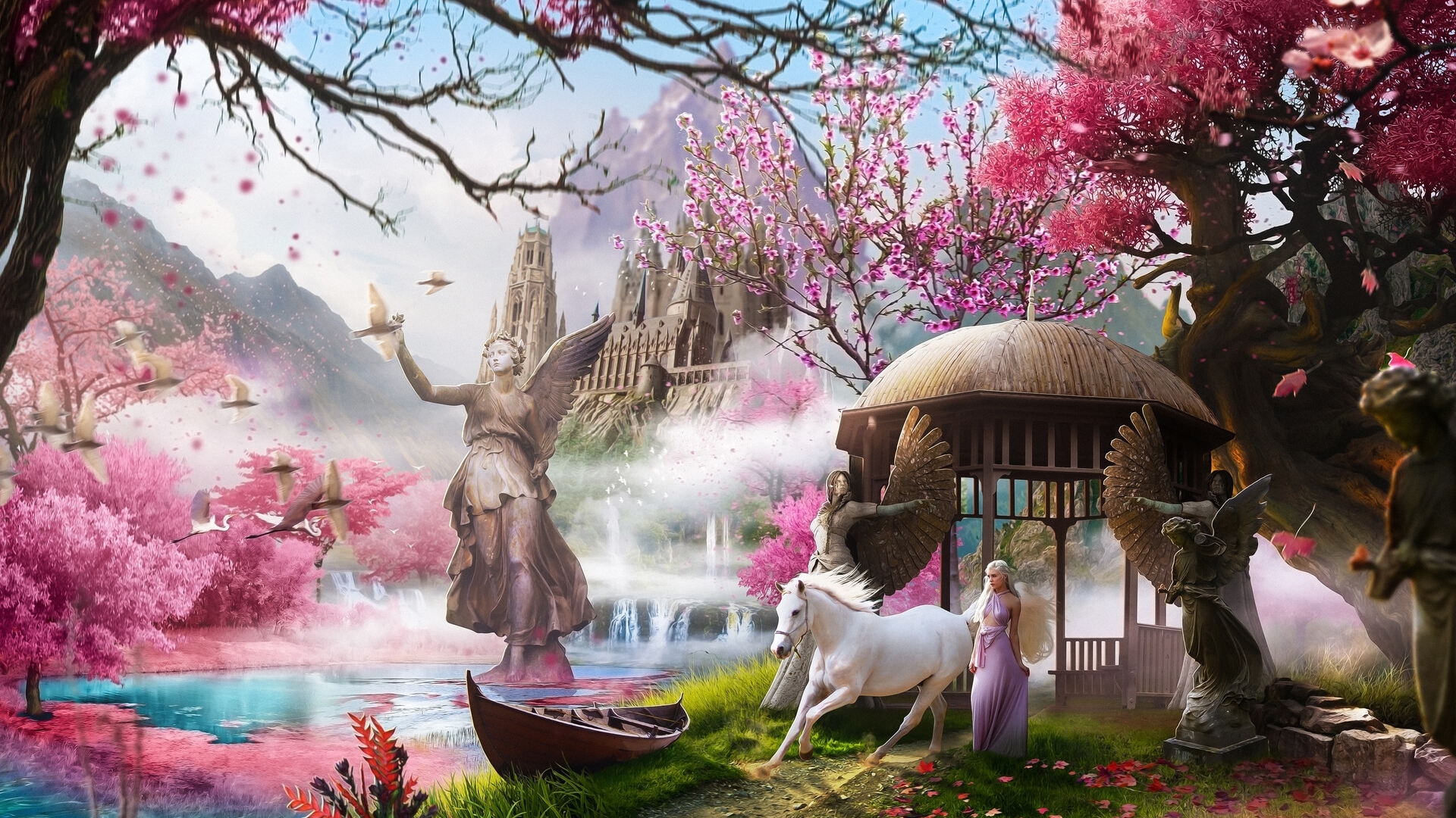 frumusete, luminos, ngel, spring, rome, horse, hosne qanadelo, cal, boat, water, fantasy, girl, pavilion, primavara, pink, white, HD Wallpaper