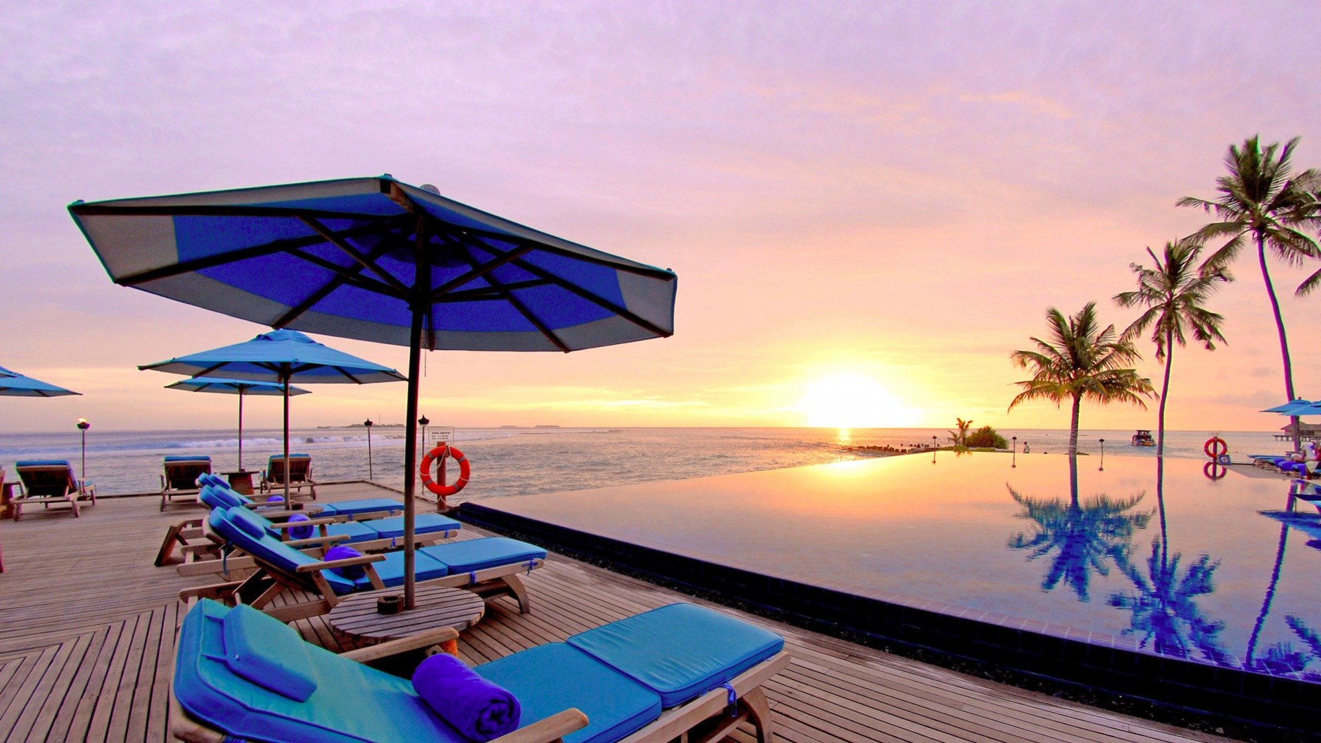 beach, chairs, sunset, pool, terrace, sea, HD Wallpaper