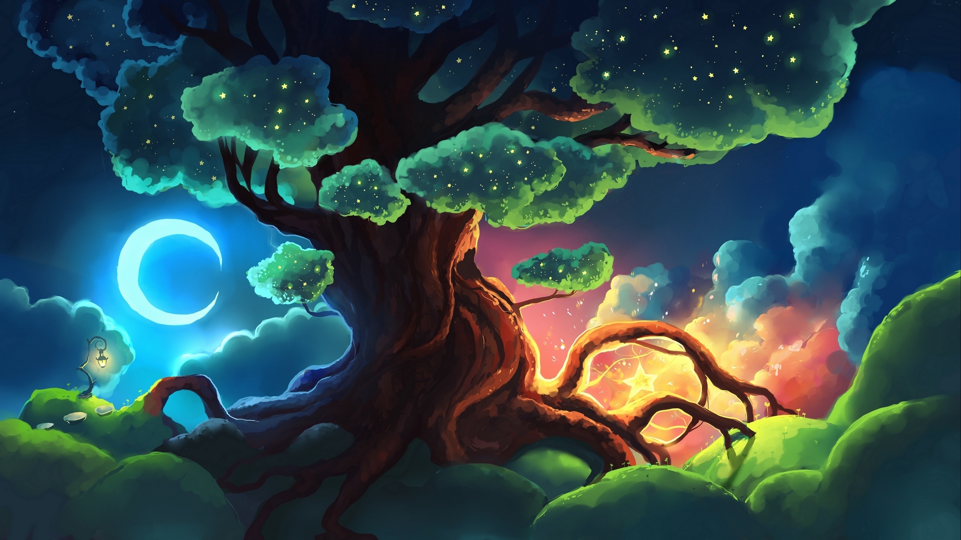 copac, fantasy, moon, tree, luna, green, chibionpu, blue, luminos, HD Wallpaper