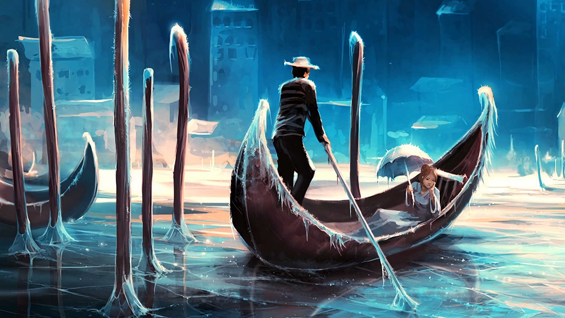 art, umbrella, man, winter, iarna, fantasy, aquasixio, boat, water, girl, ice, gondola, white, couple, blue, HD Wallpaper
