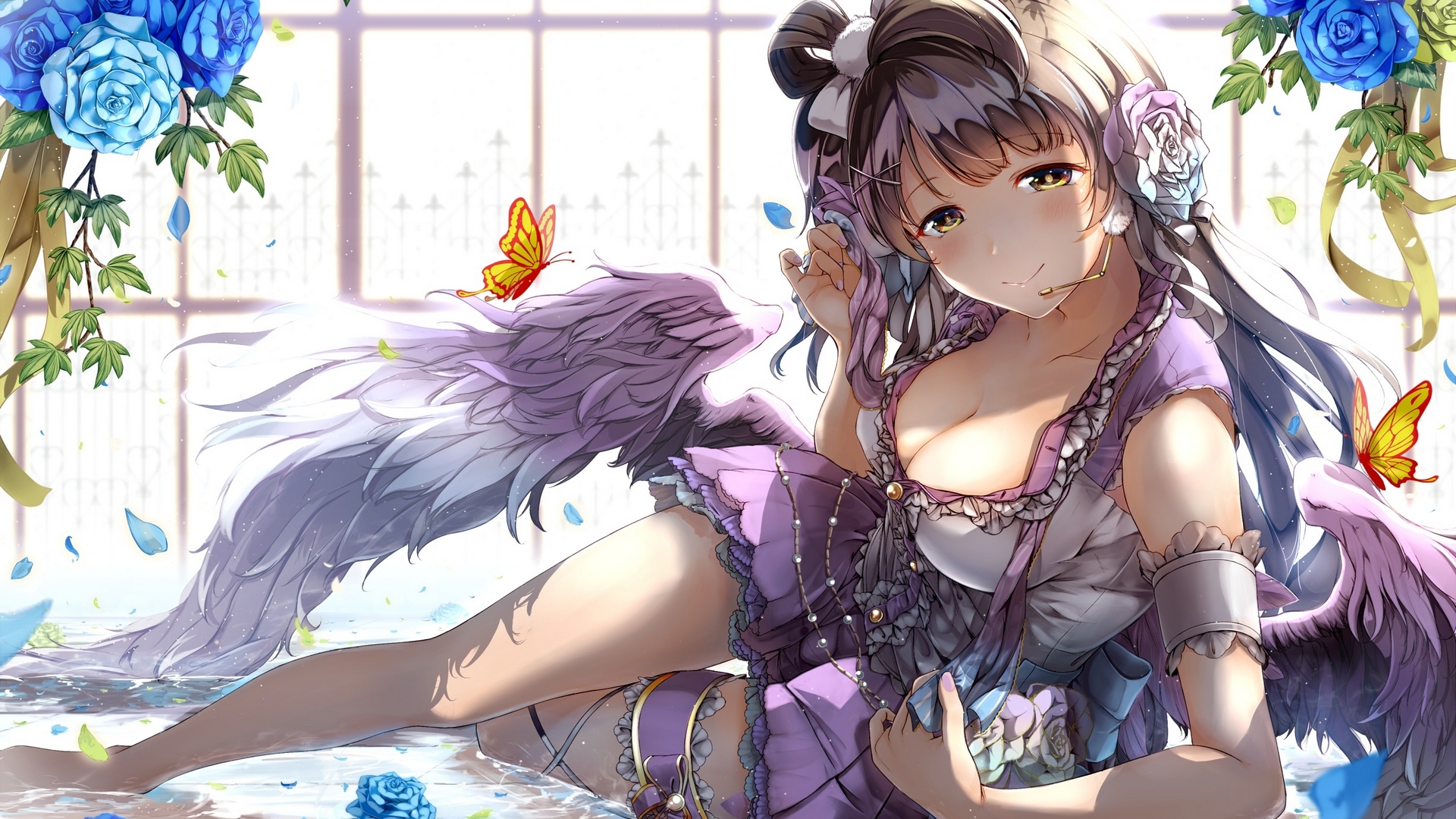 minami kotori, angel, anime, manga, izuki, wings, rose, girl, purple, flower, blue, HD Wallpaper