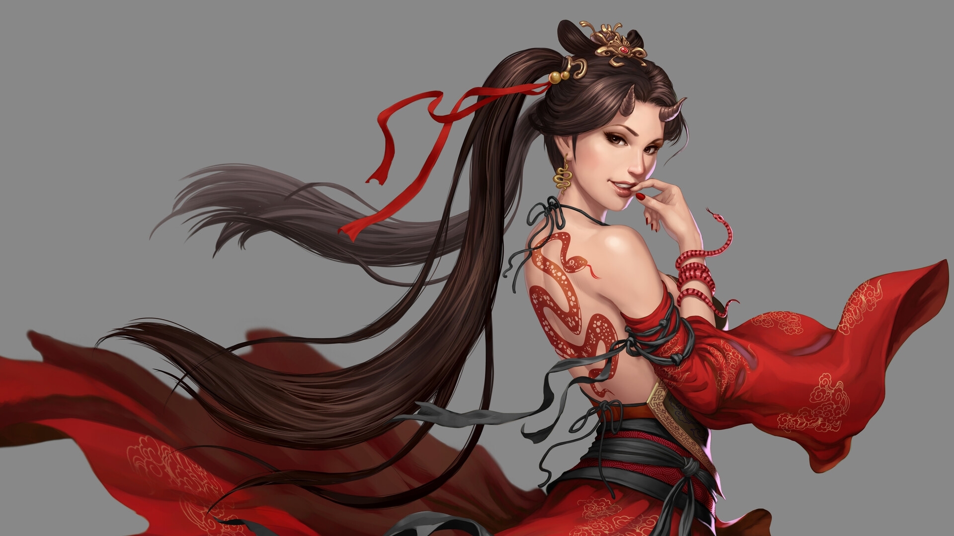 frumusete, demon, fantasy, girl, tattoo, syncraft studio, horns, red, luminos, grey, HD Wallpaper