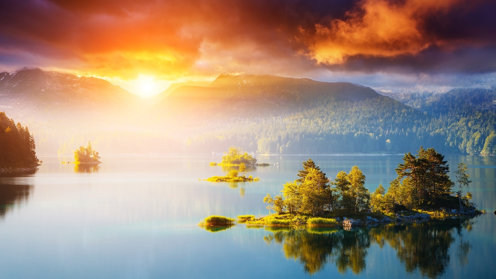 mountain, splendor, morning, nature, sunrise, clouds, reflection, lake, landscape, HD Wallpaper