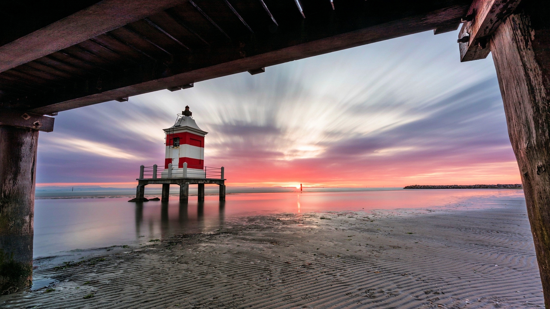 sunset, sky, pier, sea, clouds, HD Wallpaper