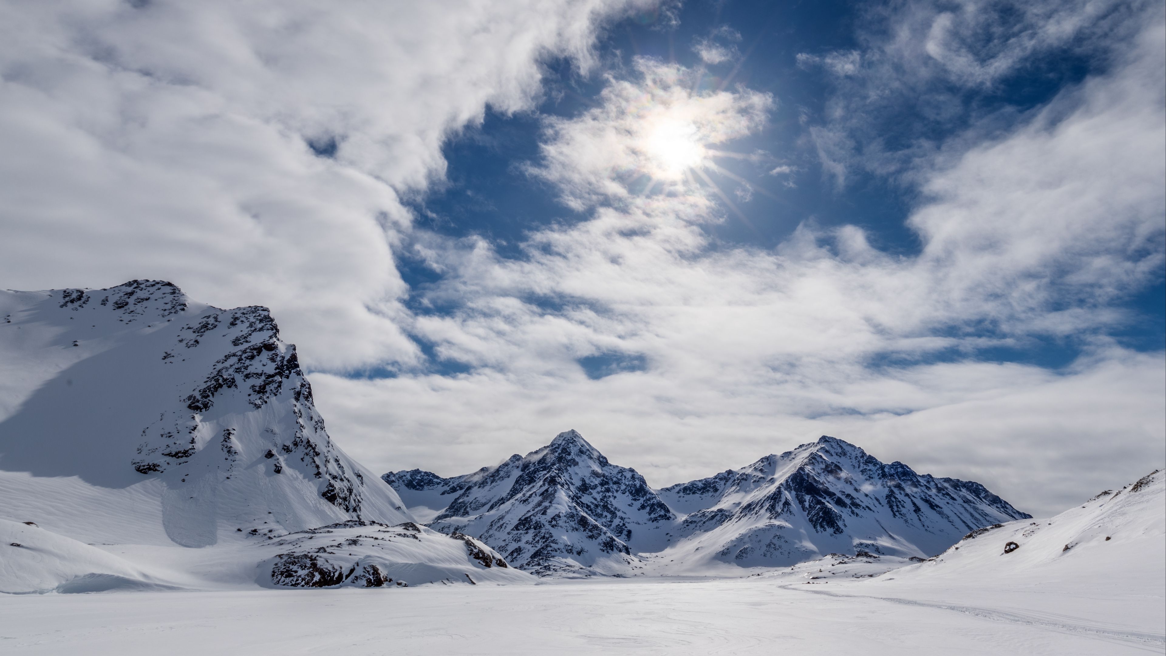 mountains, snow, winter, clouds, sky, rays, sun, 4k, HD Wallpaper