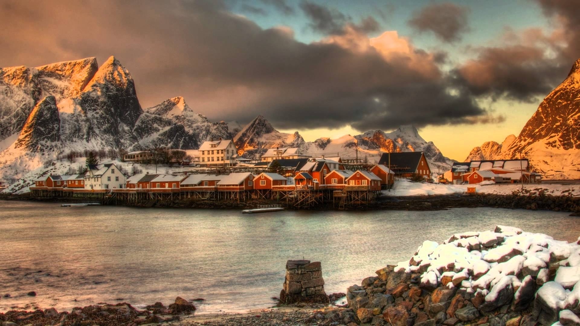 mountains, houses, colors, village, clouds, sky, sea, HD Wallpaper