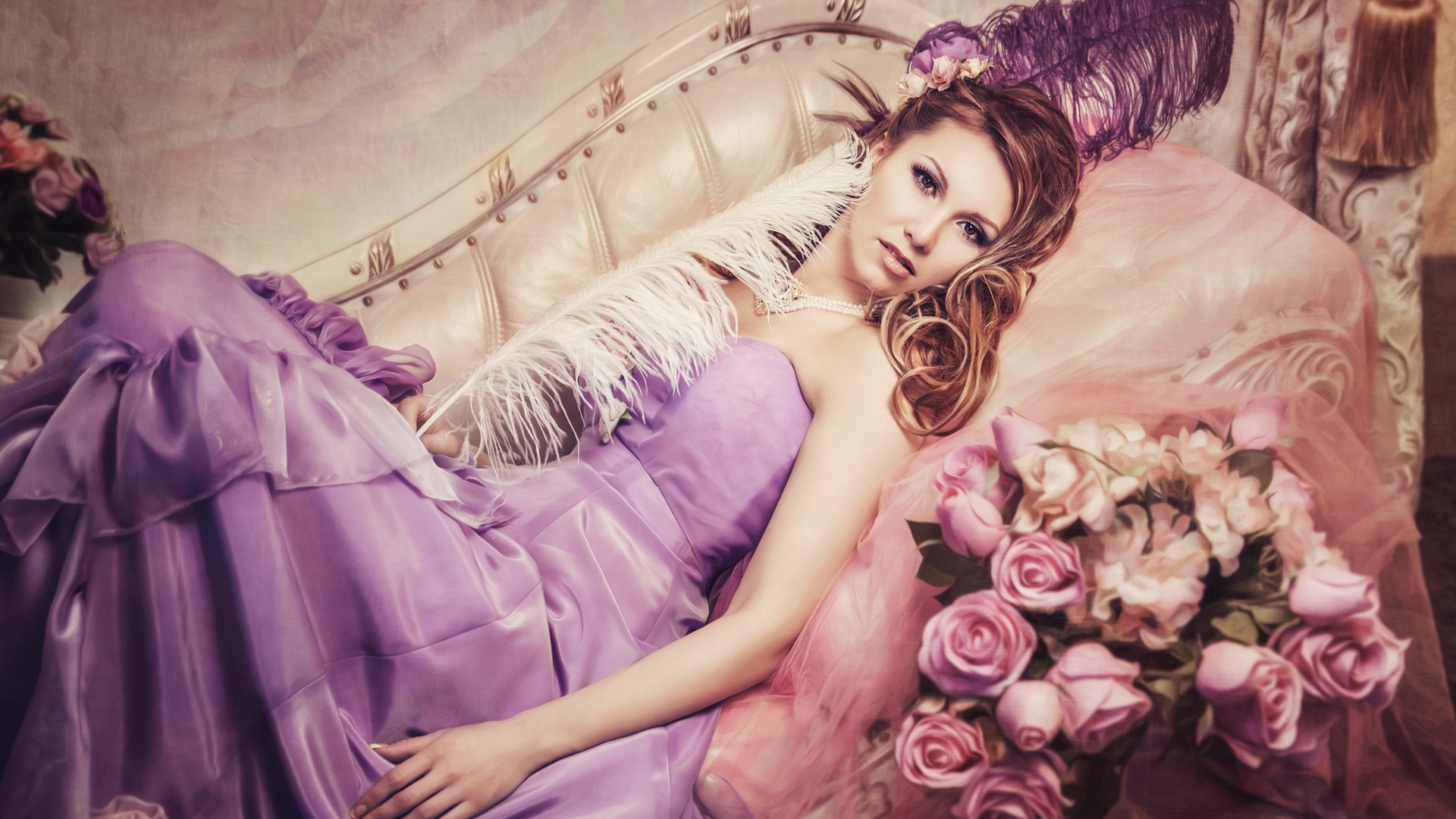dress, model, rose, purplw, diana lipkina, woman, girl, feather, flower, beauty, sofa, pink, HD Wallpaper