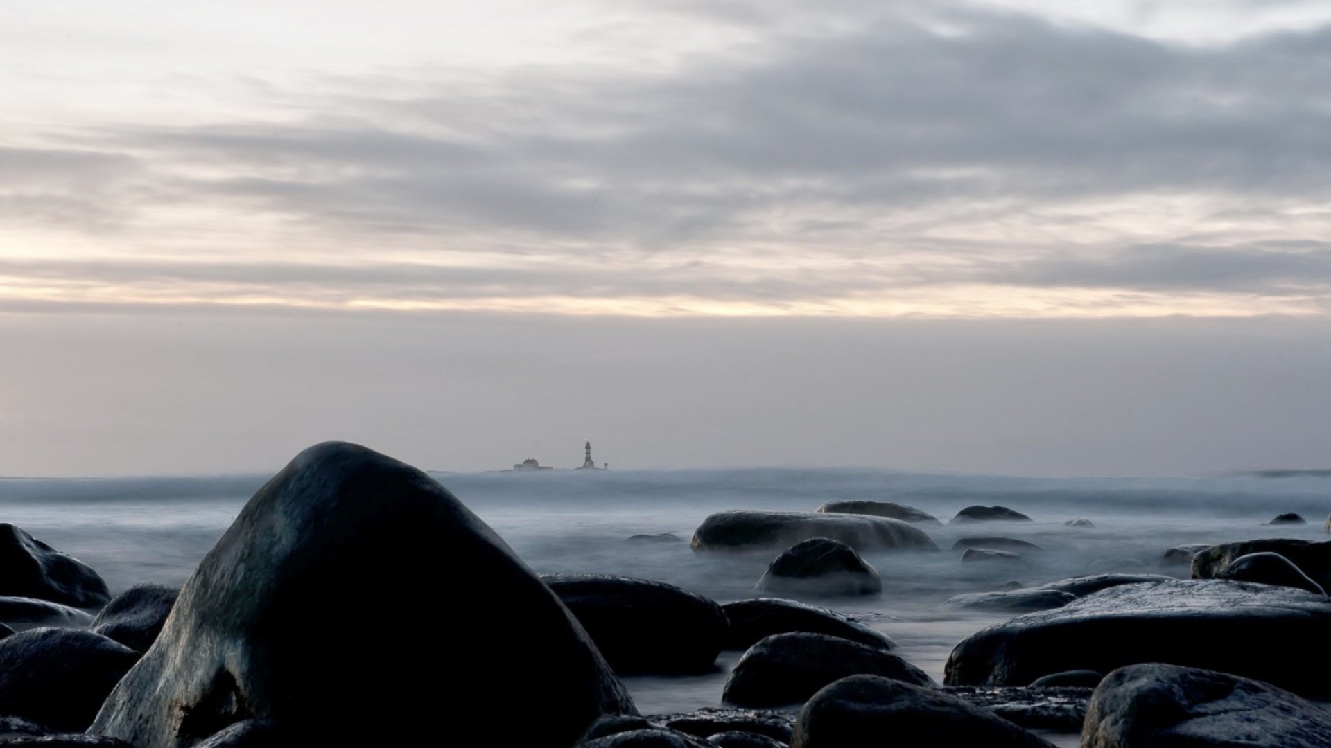 rocks, shore, gray, lighthouse, sea, HD Wallpaper