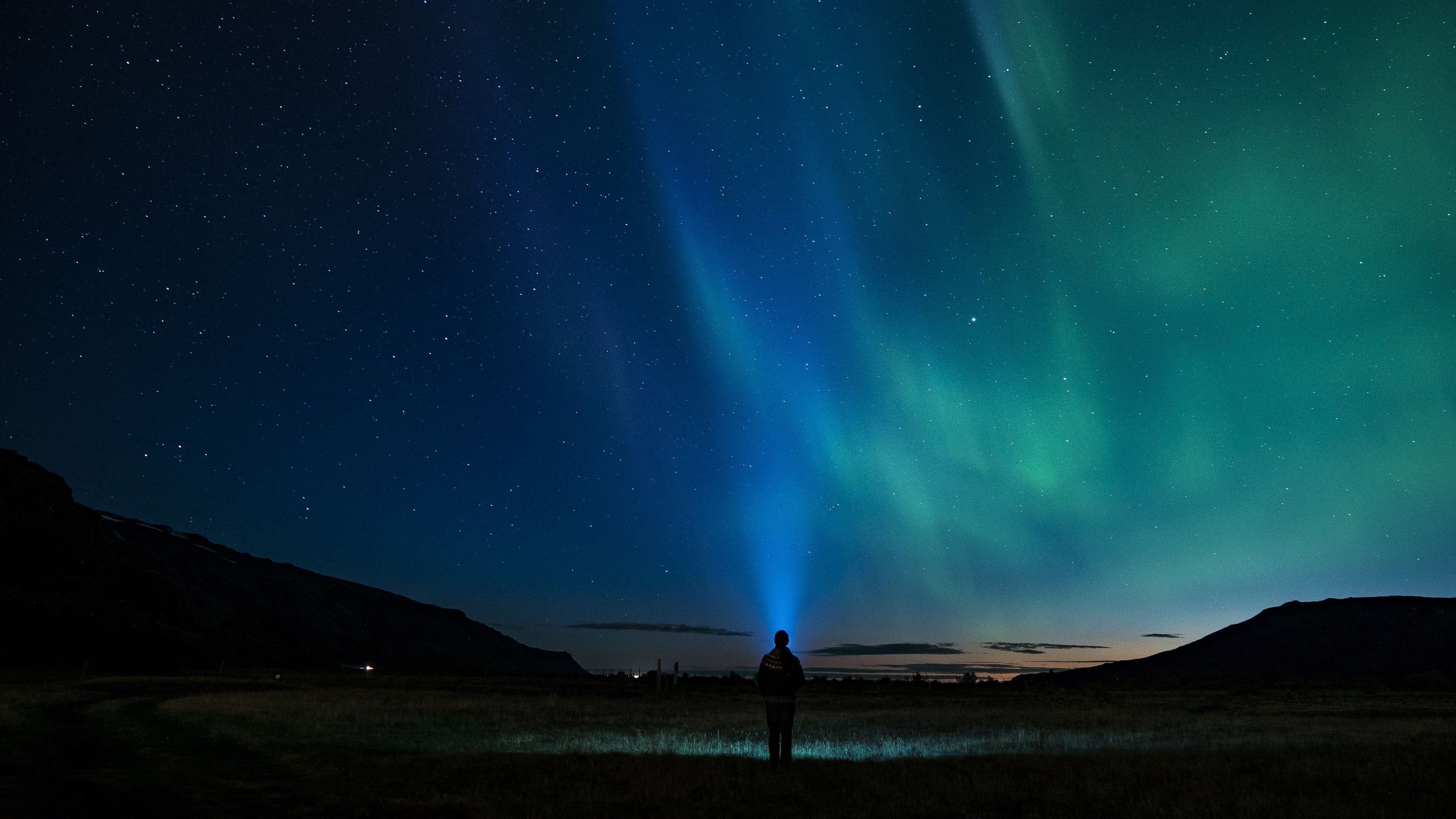 starry sky, silhouette, northern lights, loneliness, 4k, HD Wallpaper