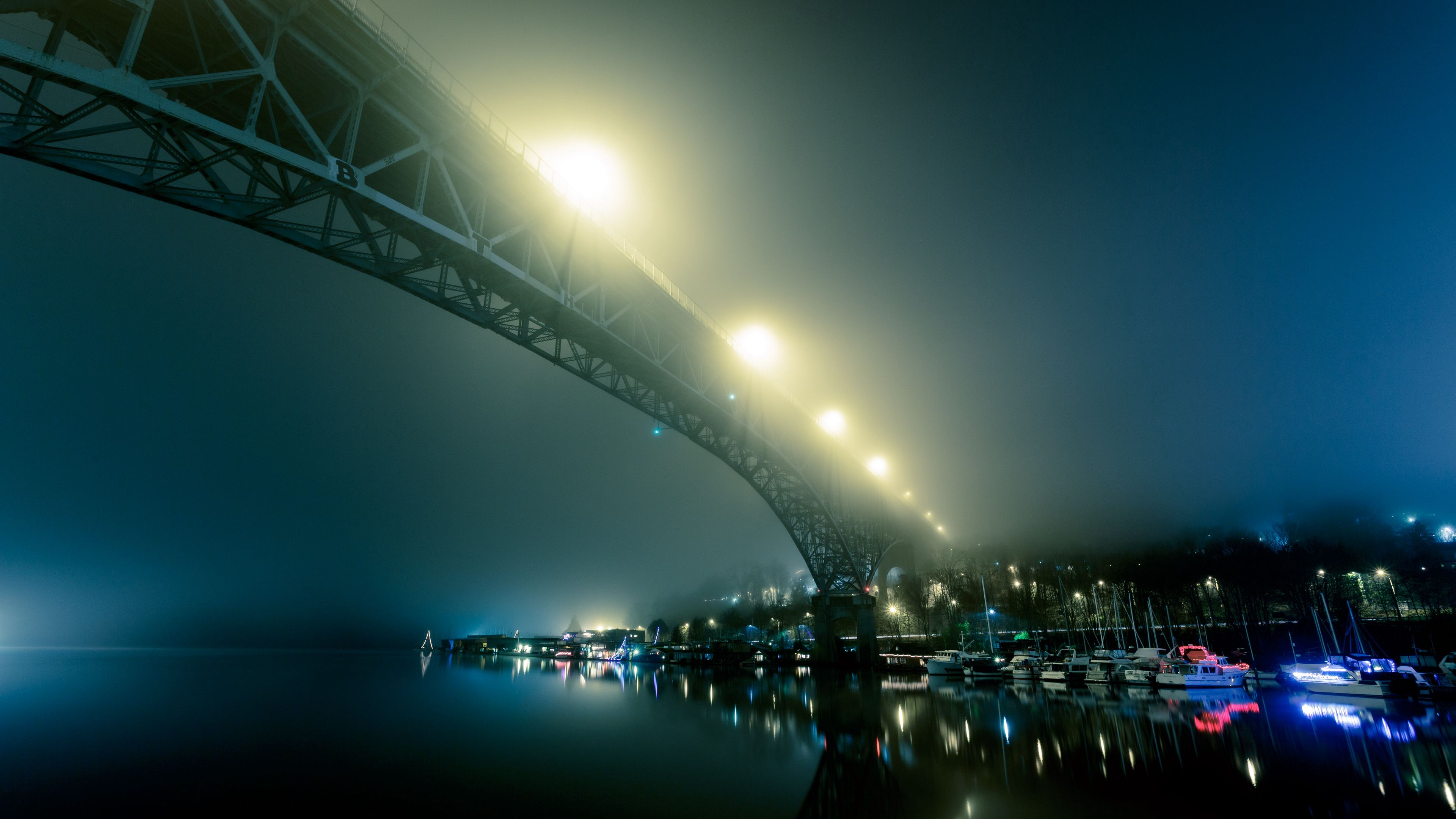 port, fog, bridge, night city, 4k, HD Wallpaper