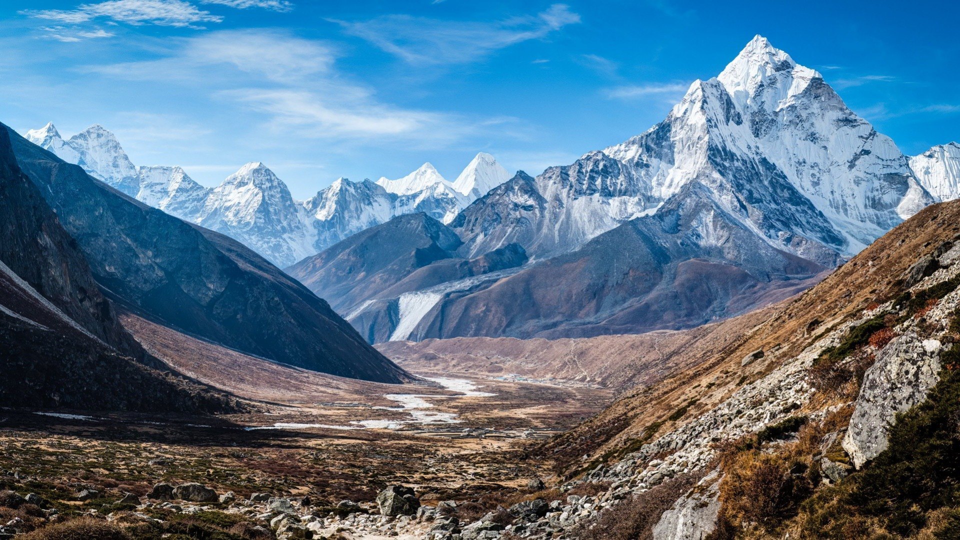 sky, snow, valley, mountains, HD Wallpaper