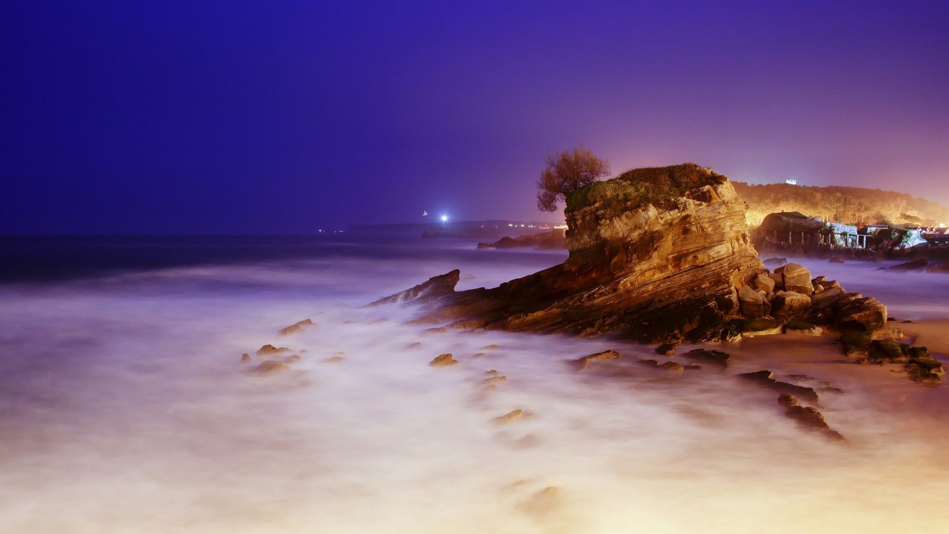shore, foam, rock, lights, sea, night, HD Wallpaper