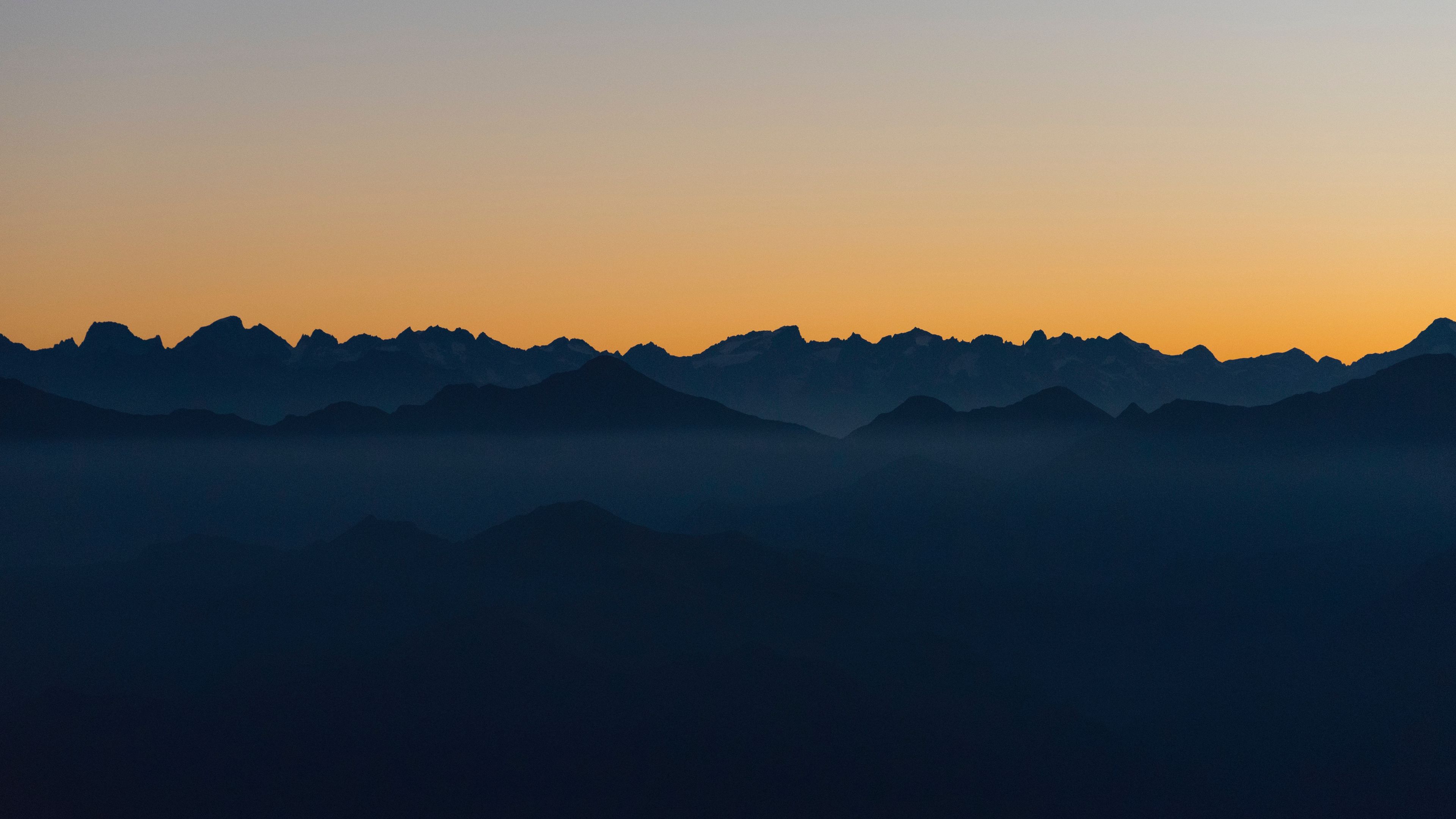 mountains, outlines, sunset, peaks, sky, 4k, HD Wallpaper