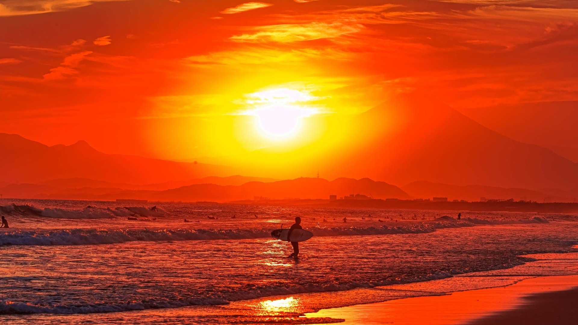 red, beach, horizon, sun, afterglow, surfers, nature, sunset, HD Wallpaper
