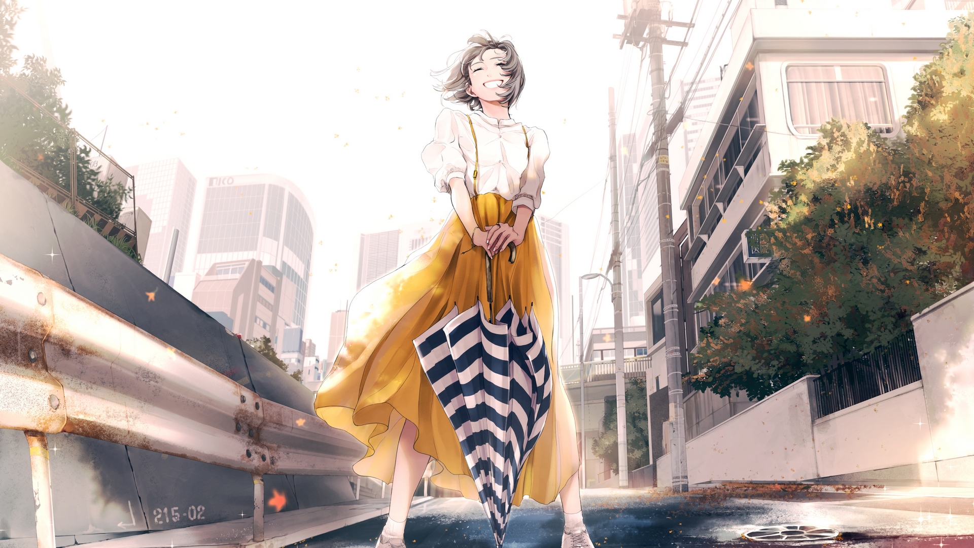 maeda mic, girl, anime, manga, yellow, umbrella, road, street, black, HD Wallpaper