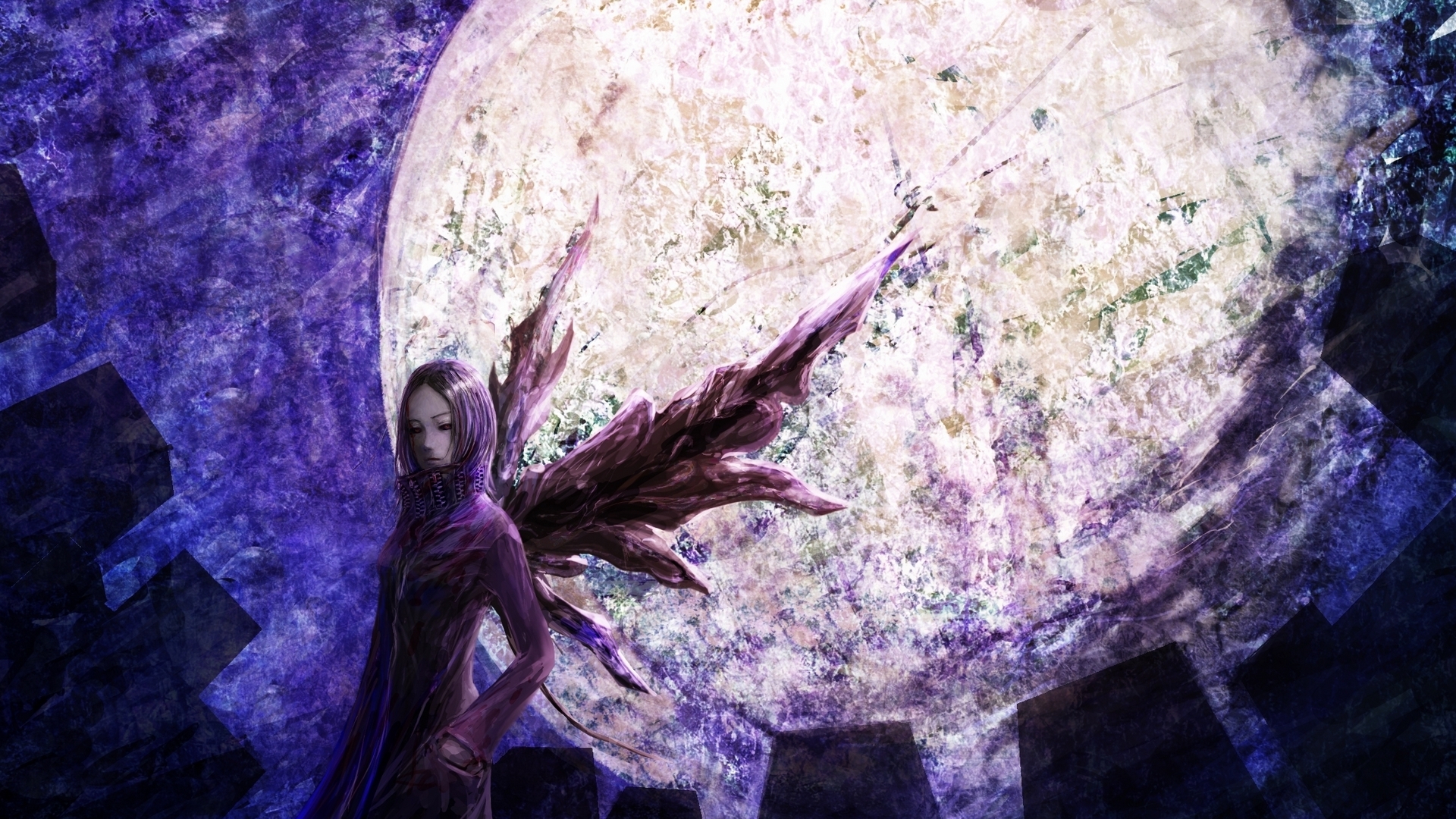 art, ghoul, wings, luna, luminos, manga, moon, purple, anime, white, HD Wallpaper