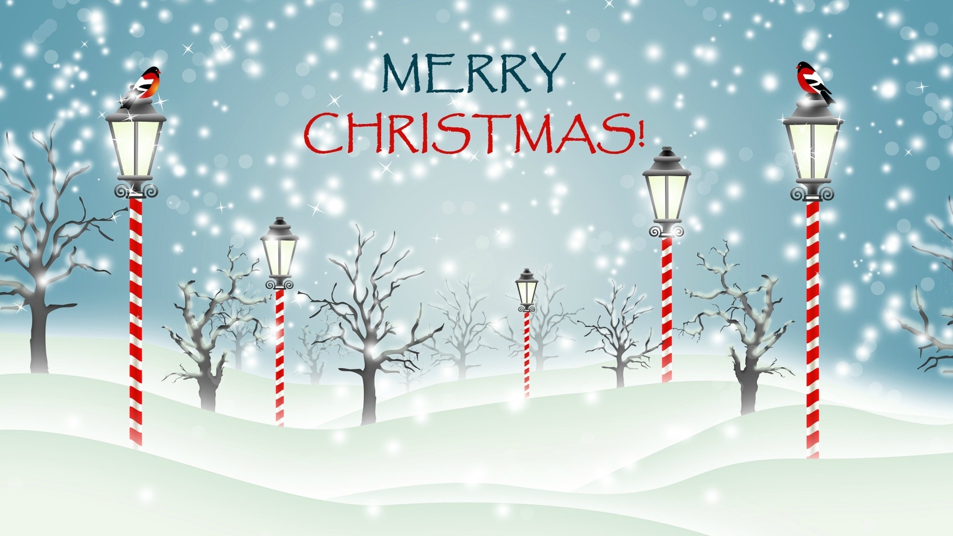 stars, christmas, merry christmas, birds, trees, lamp posts, winter, snowing, snow, HD Wallpaper