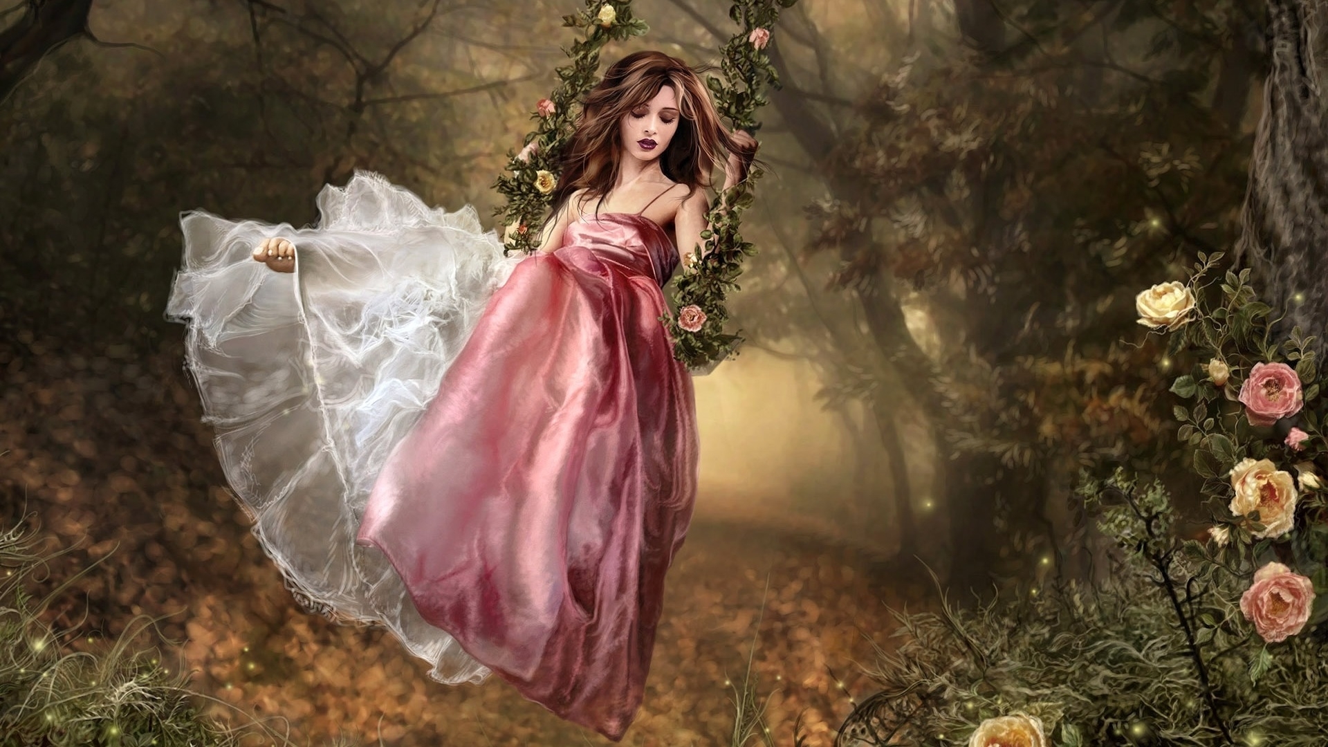 flower, lady, pink, dress, swing, woman, HD Wallpaper