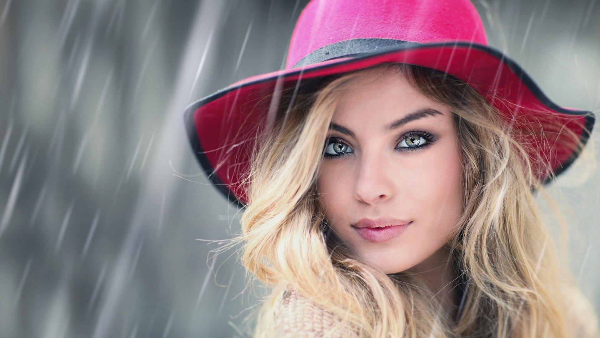 girl, model, blonde, rain, woman, pink, hat, HD Wallpaper