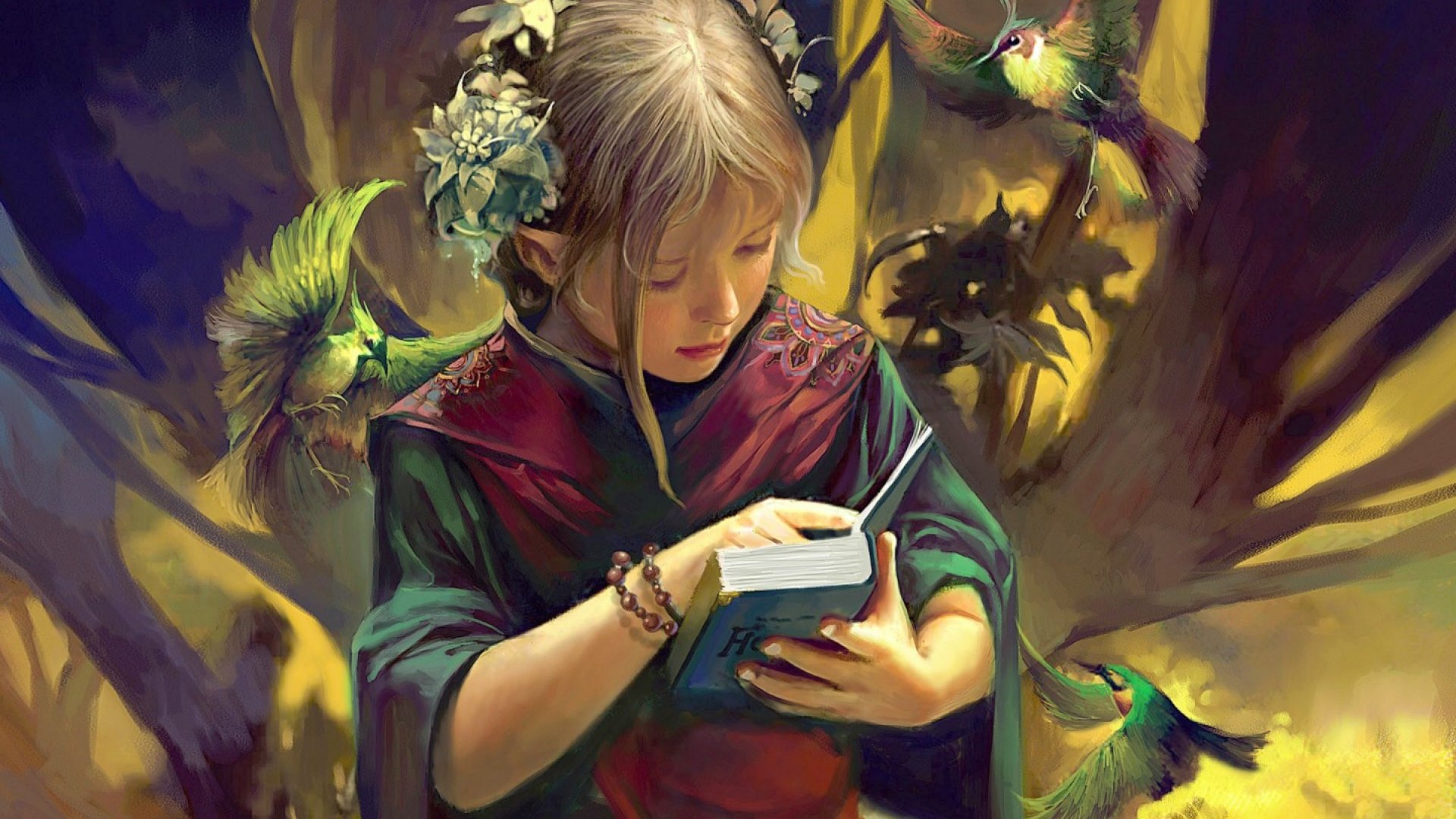 fantasy, ksiazka, dziewczynka, ptaki, HD Wallpaper